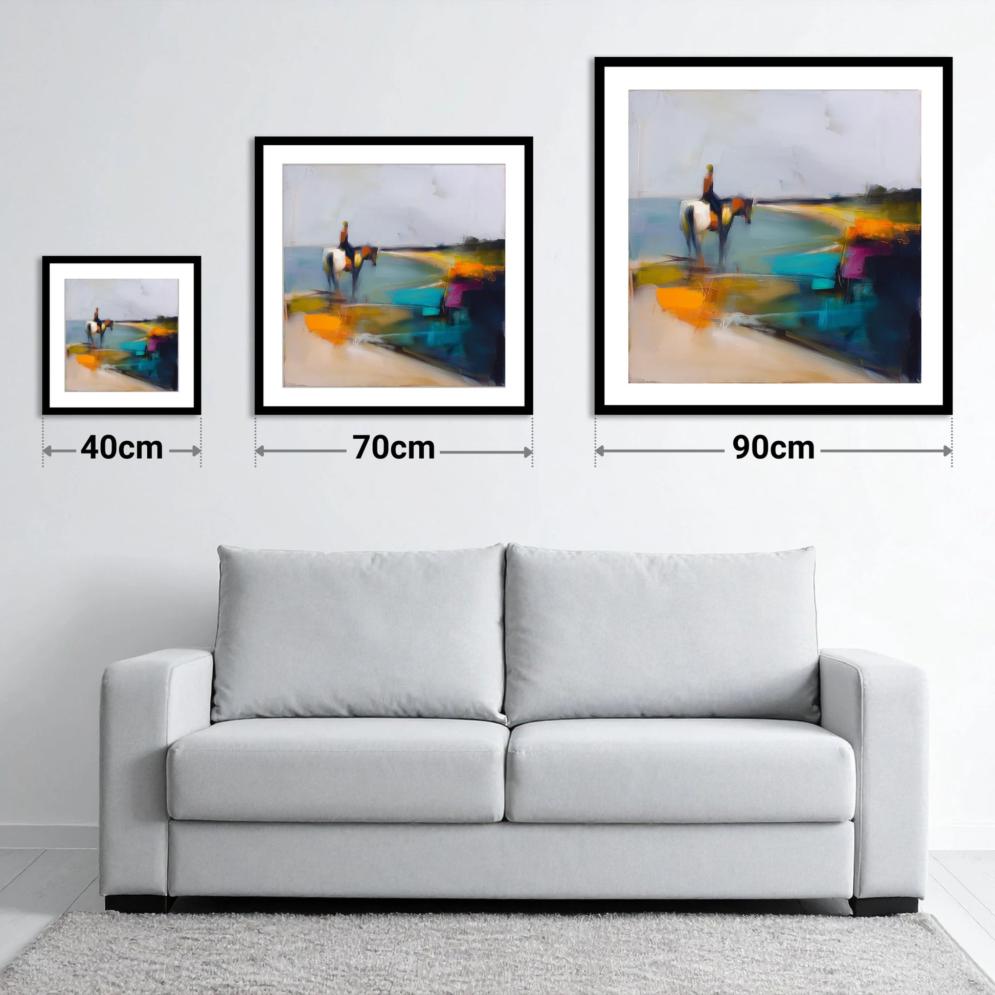 Vivid Shoreline - size guide showing 40cm, 70cm and 90cm art prints