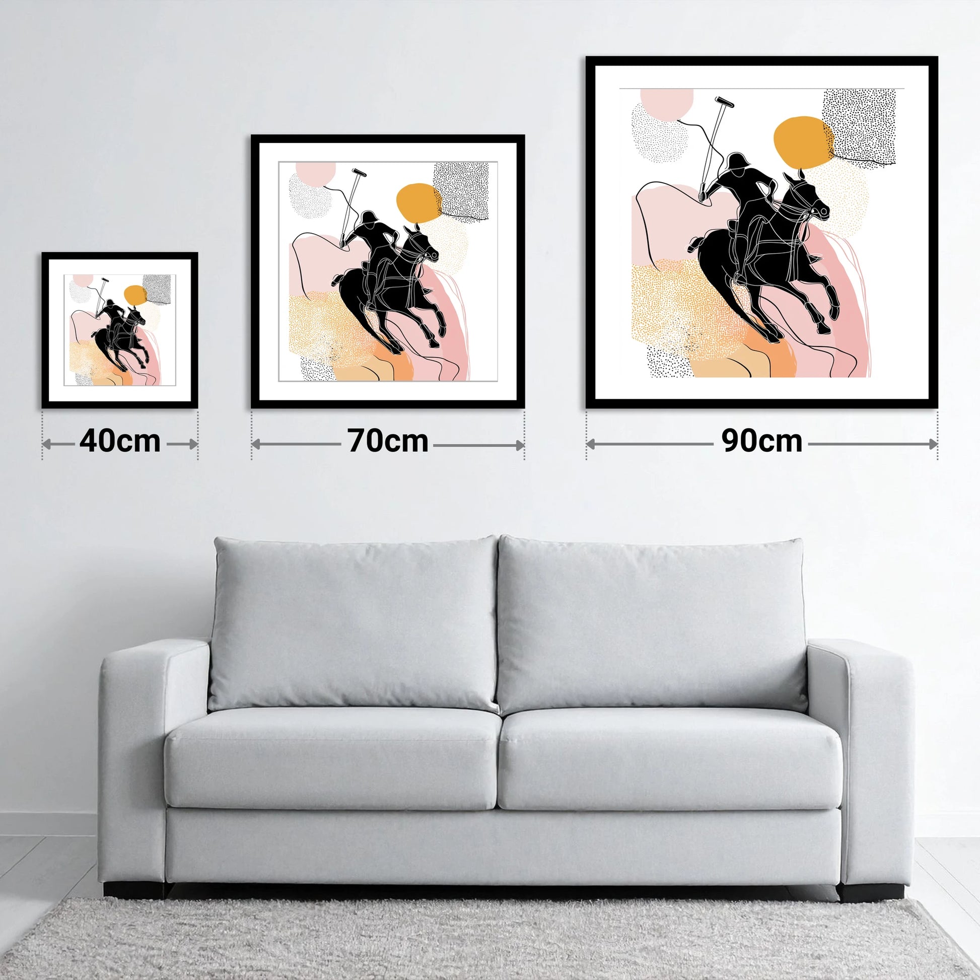 Graphic Polo Motion - size guide showing 40cm, 70cm and 90cm art prints