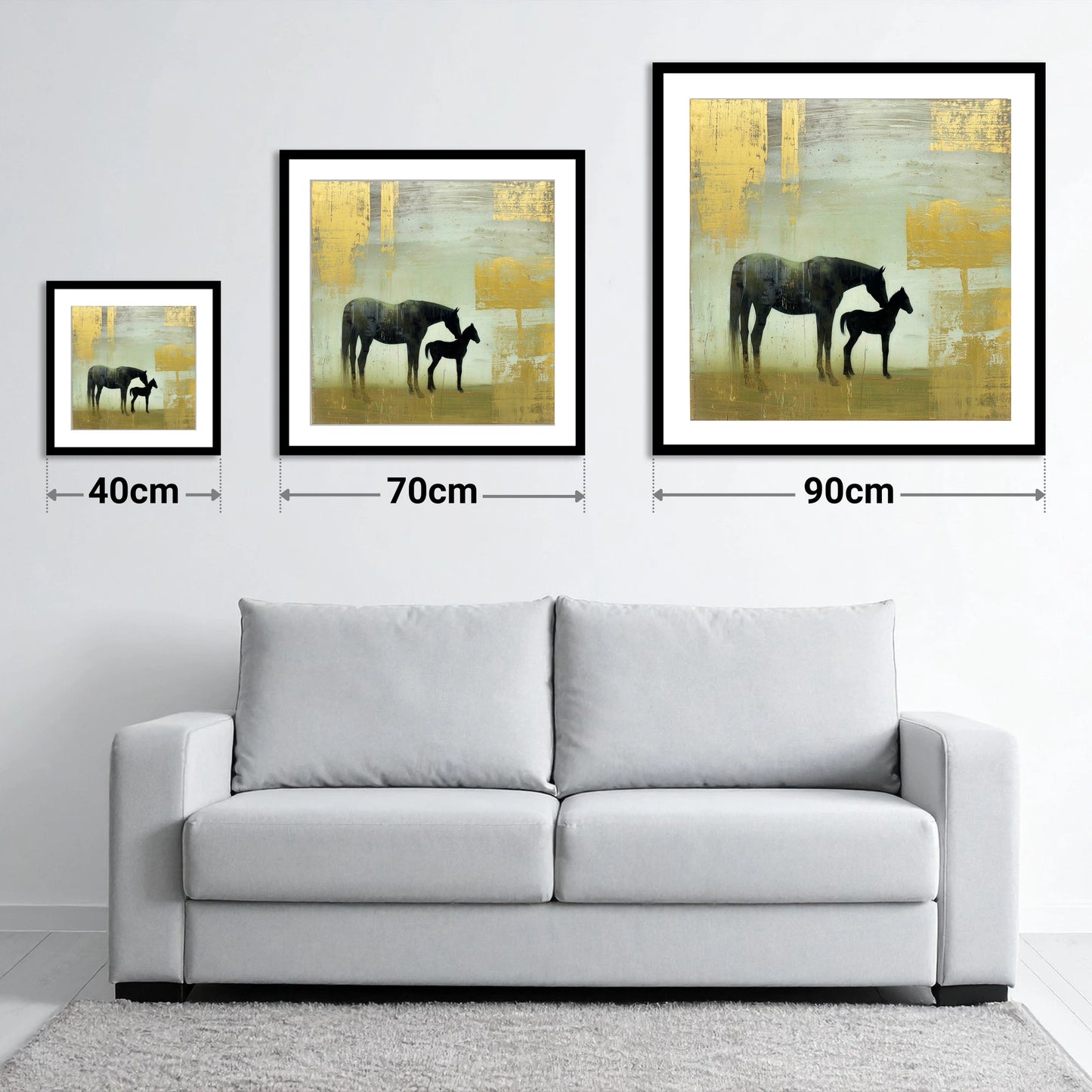 Gilded Maternal Bond - size guide showing 40cm, 70cm and 90cm art prints