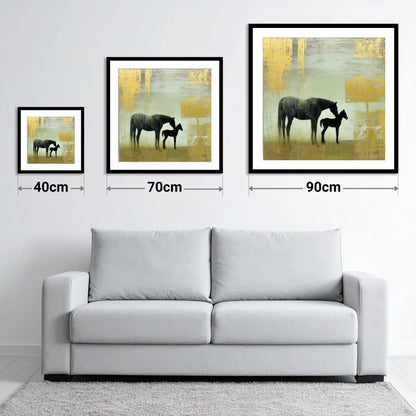 Gilded Maternal Bond - size guide showing 40cm, 70cm and 90cm art prints