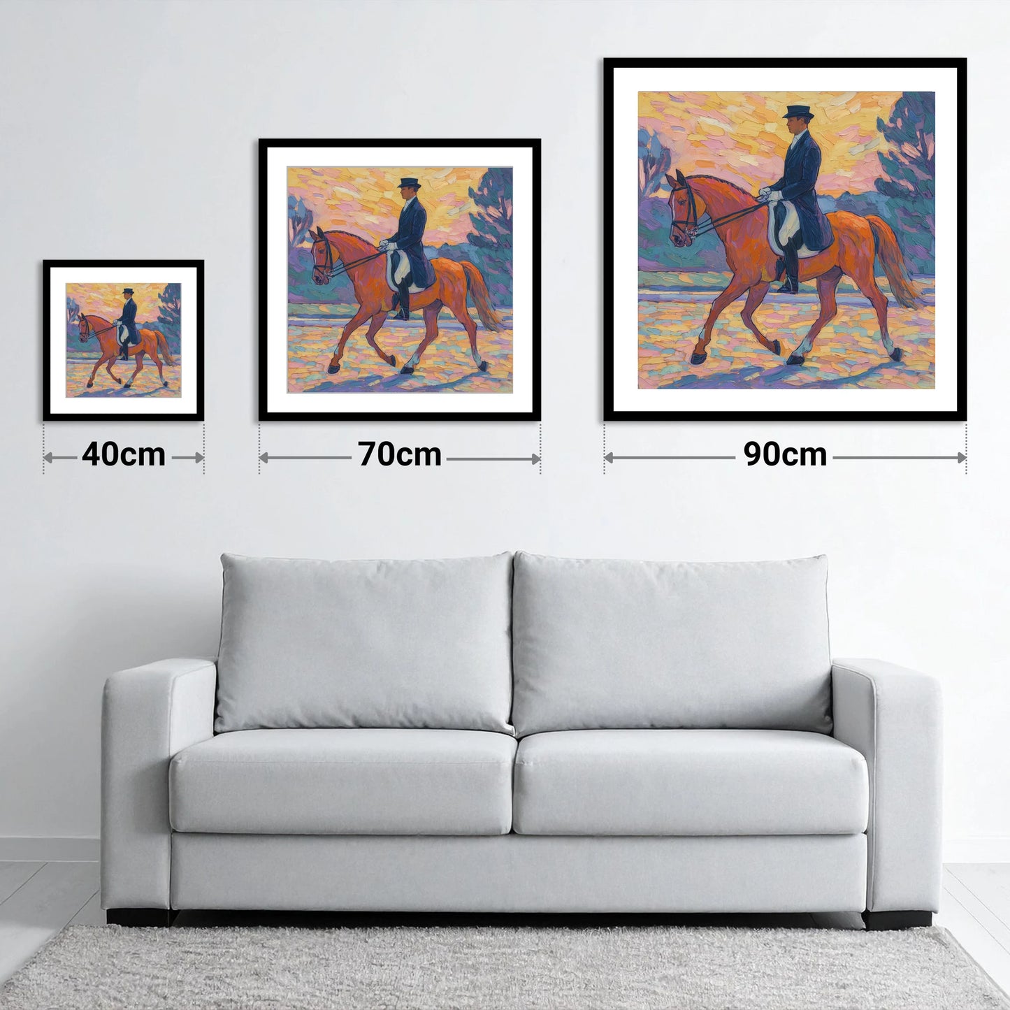 Painted Dressage Elegance - size guide showing 40cm, 70cm and 90cm art prints