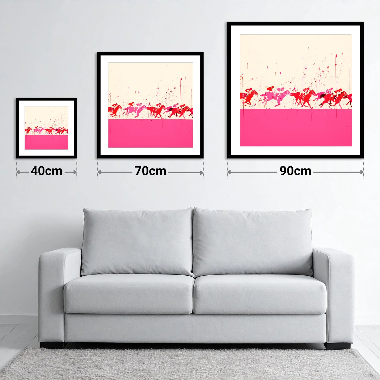 Crimson Surge - size guide showing 40cm, 70cm and 90cm art prints