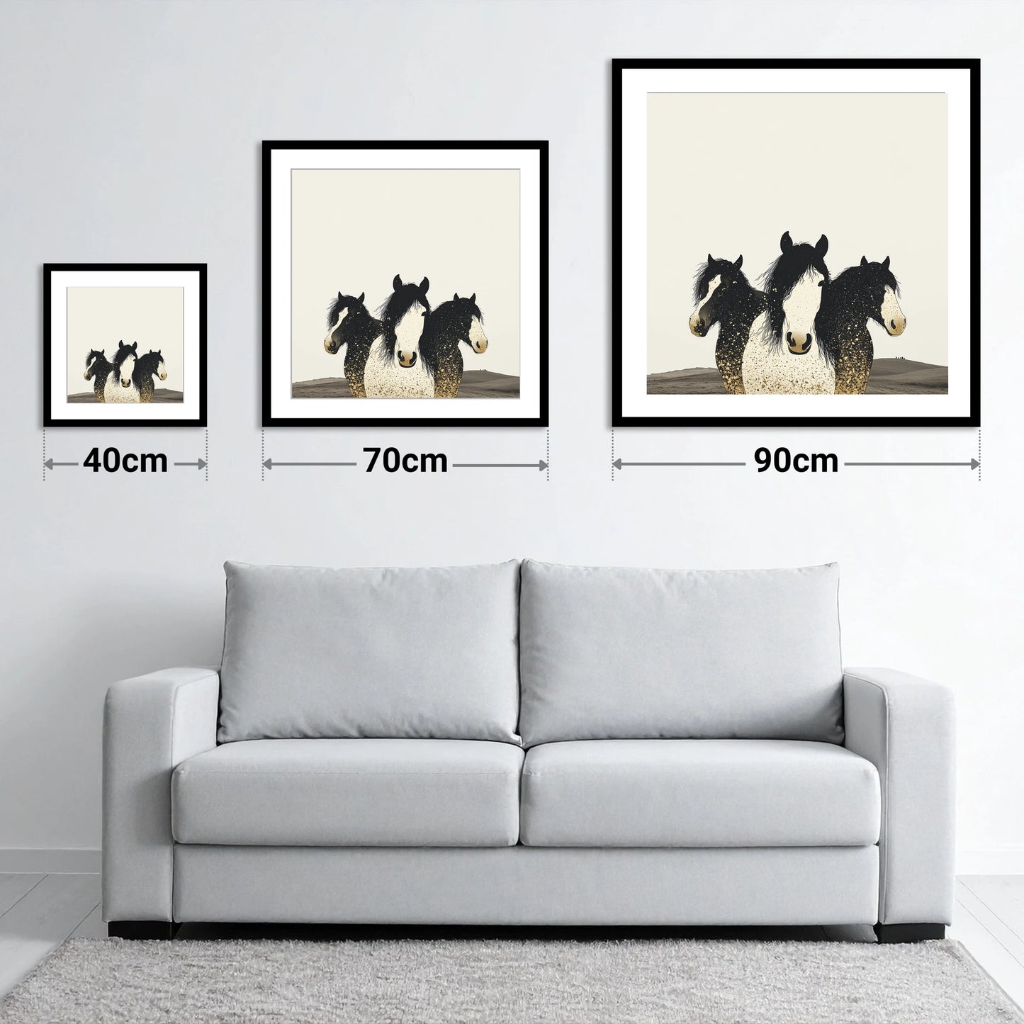Gilded Companions - size guide showing 40cm, 70cm and 90cm art prints