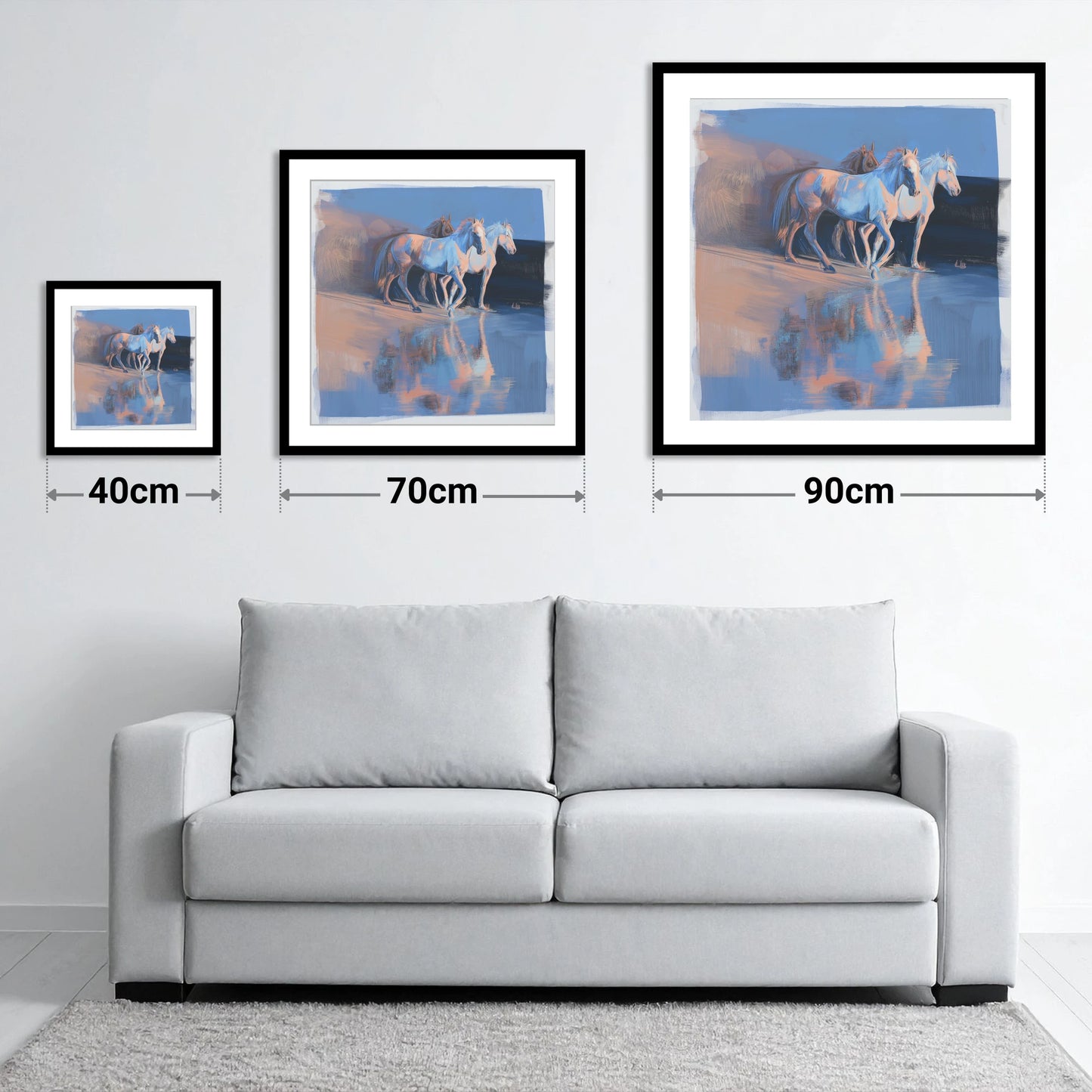 Wild Reflections at Dawn - size guide showing 40cm, 70cm and 90cm art prints