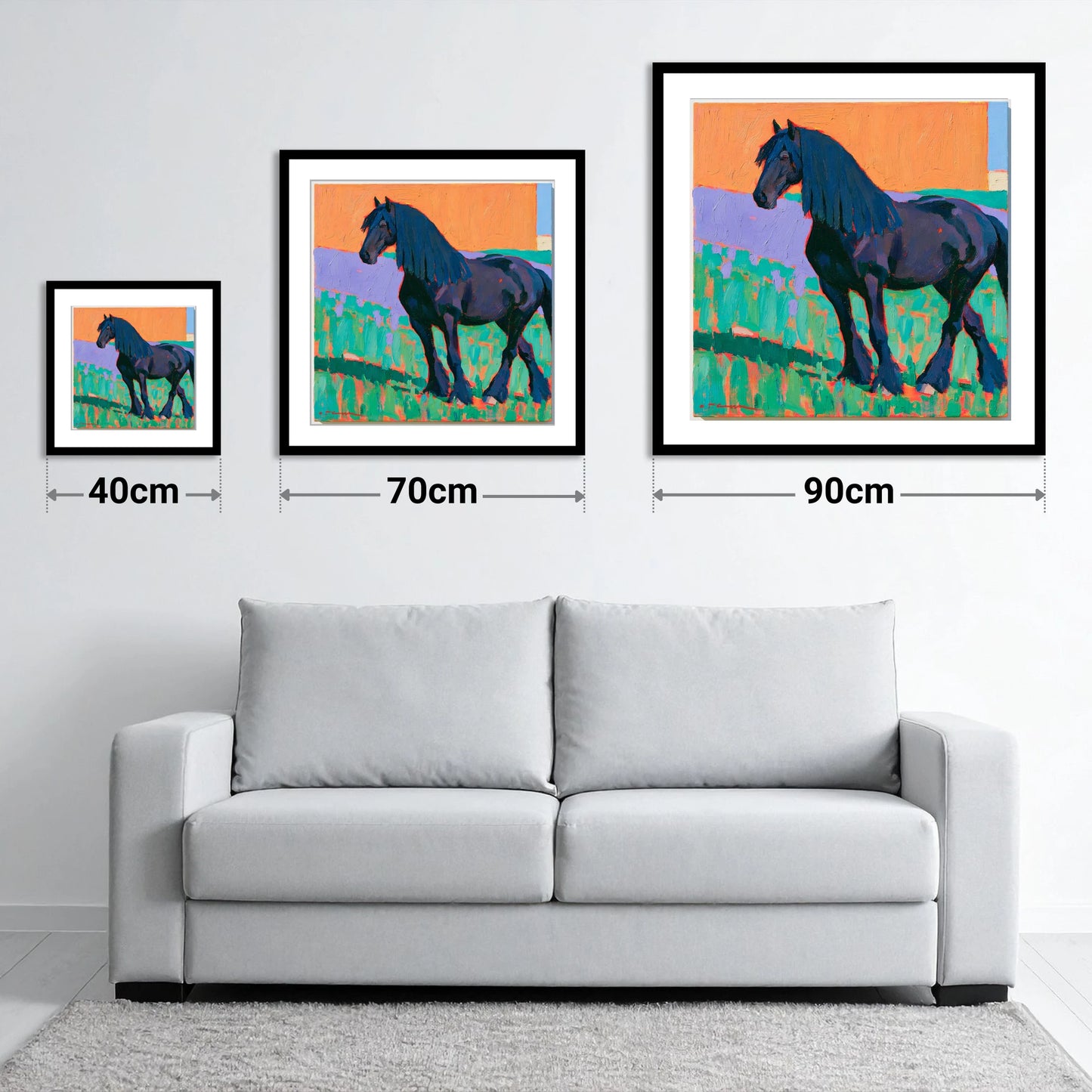 Friesian Horse in Vivid Colour - size guide showing 40cm, 70cm and 90cm art prints