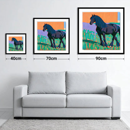 Friesian Horse in Vivid Colour - size guide showing 40cm, 70cm and 90cm art prints