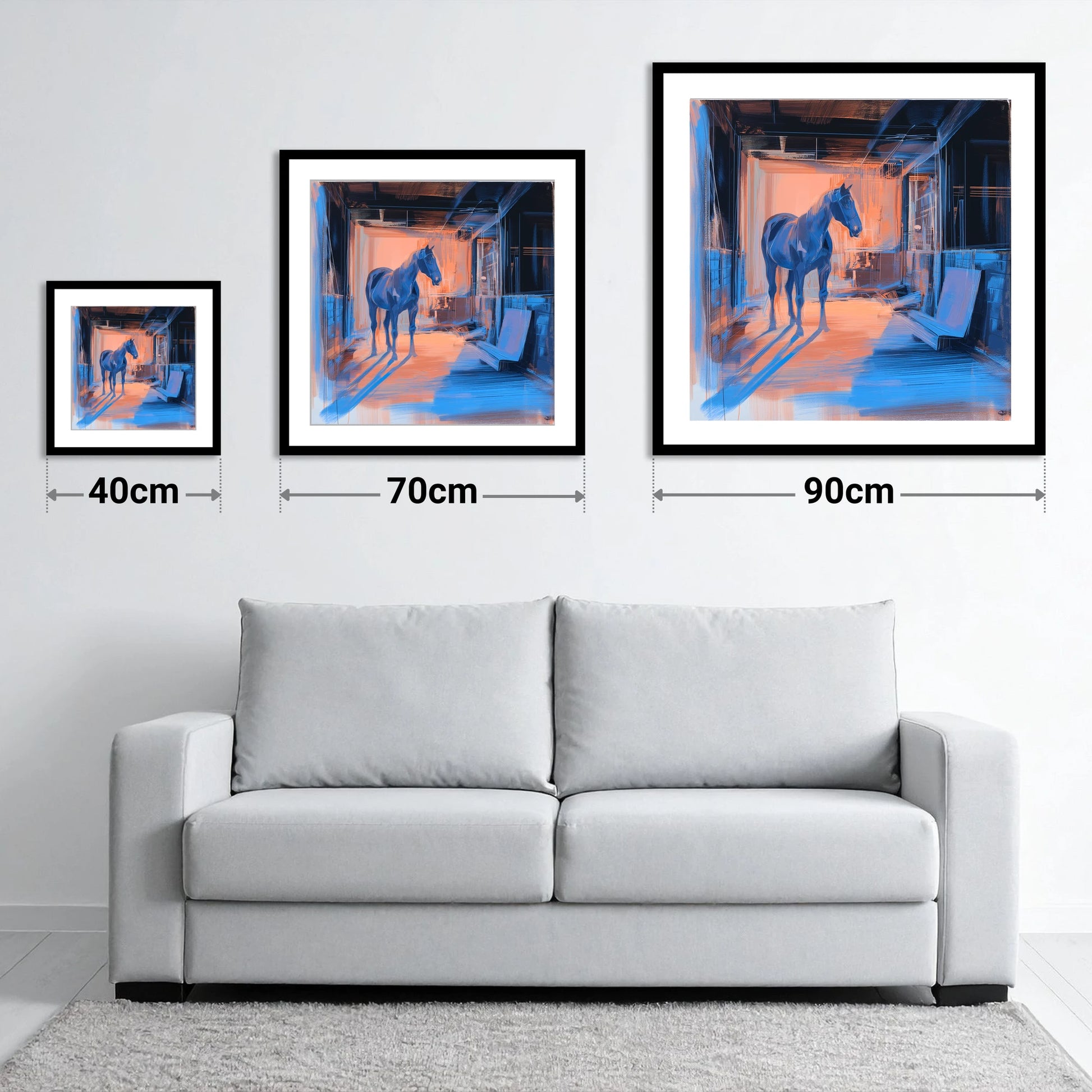 The Quiet Aisle - size guide showing 40cm, 70cm and 90cm art prints