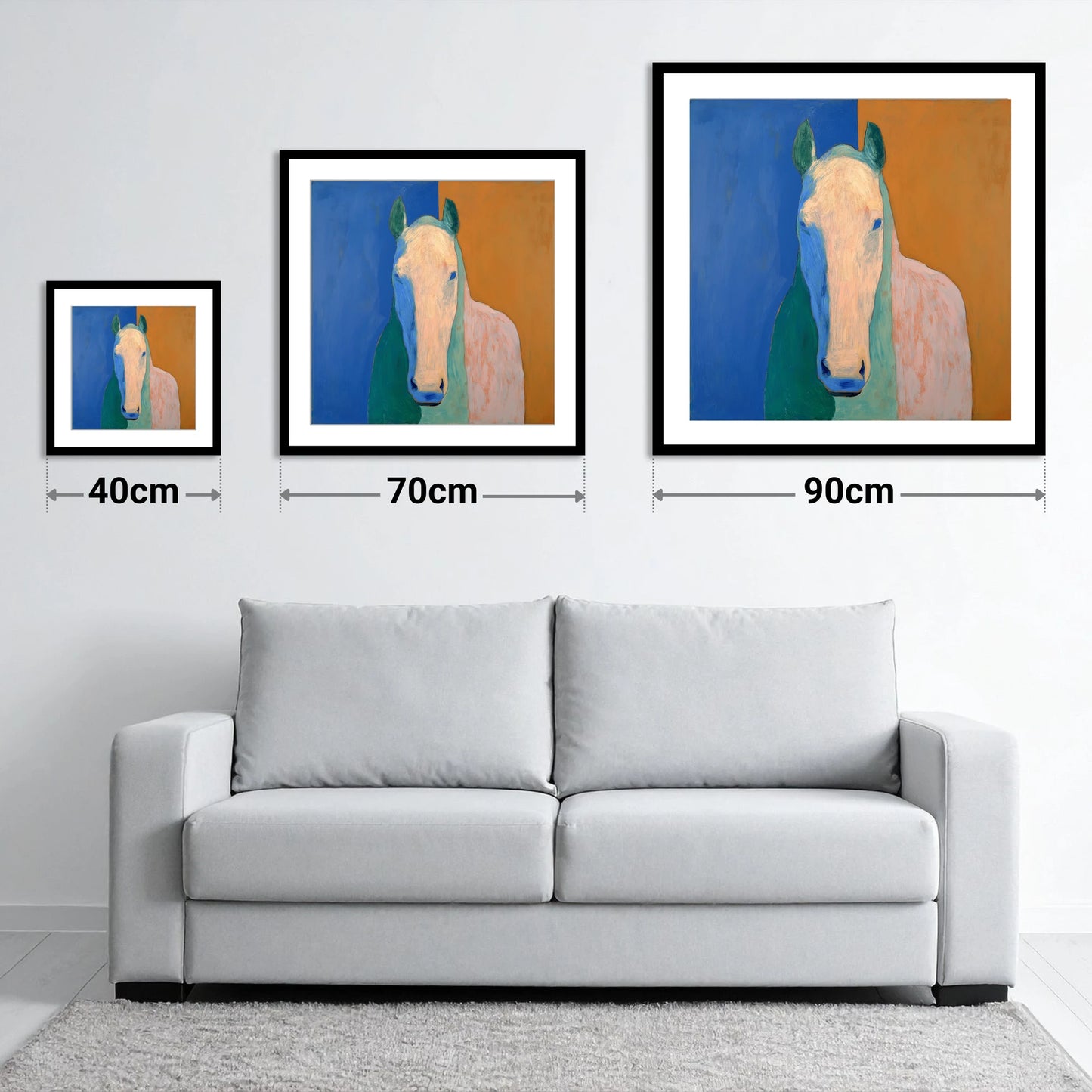 Cobalt And Clay Equine - size guide showing 40cm, 70cm and 90cm art prints