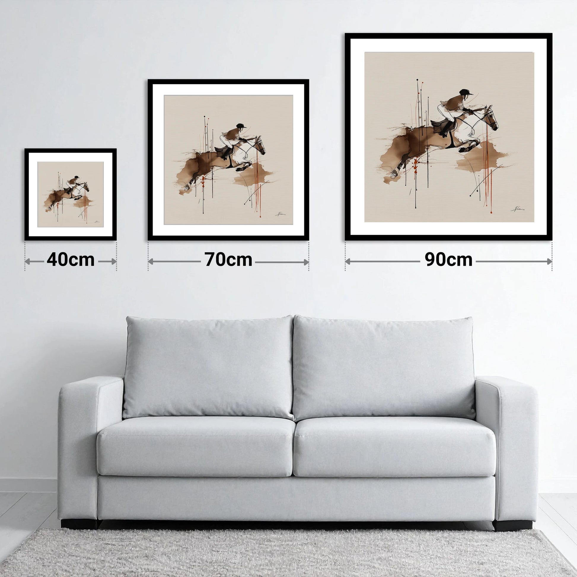 Airborne Momentum - size guide showing 40cm, 70cm and 90cm art prints