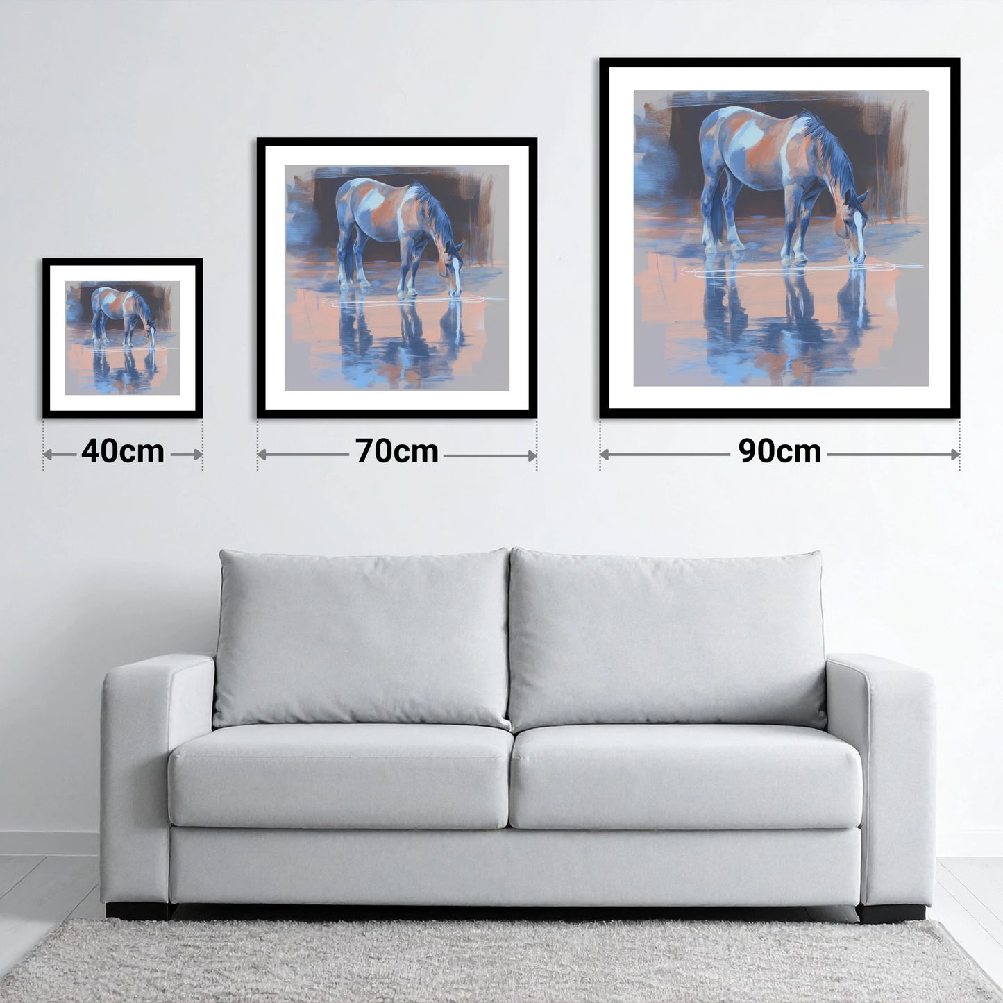 Tranquil Reflection - size guide showing 40cm, 70cm and 90cm art prints