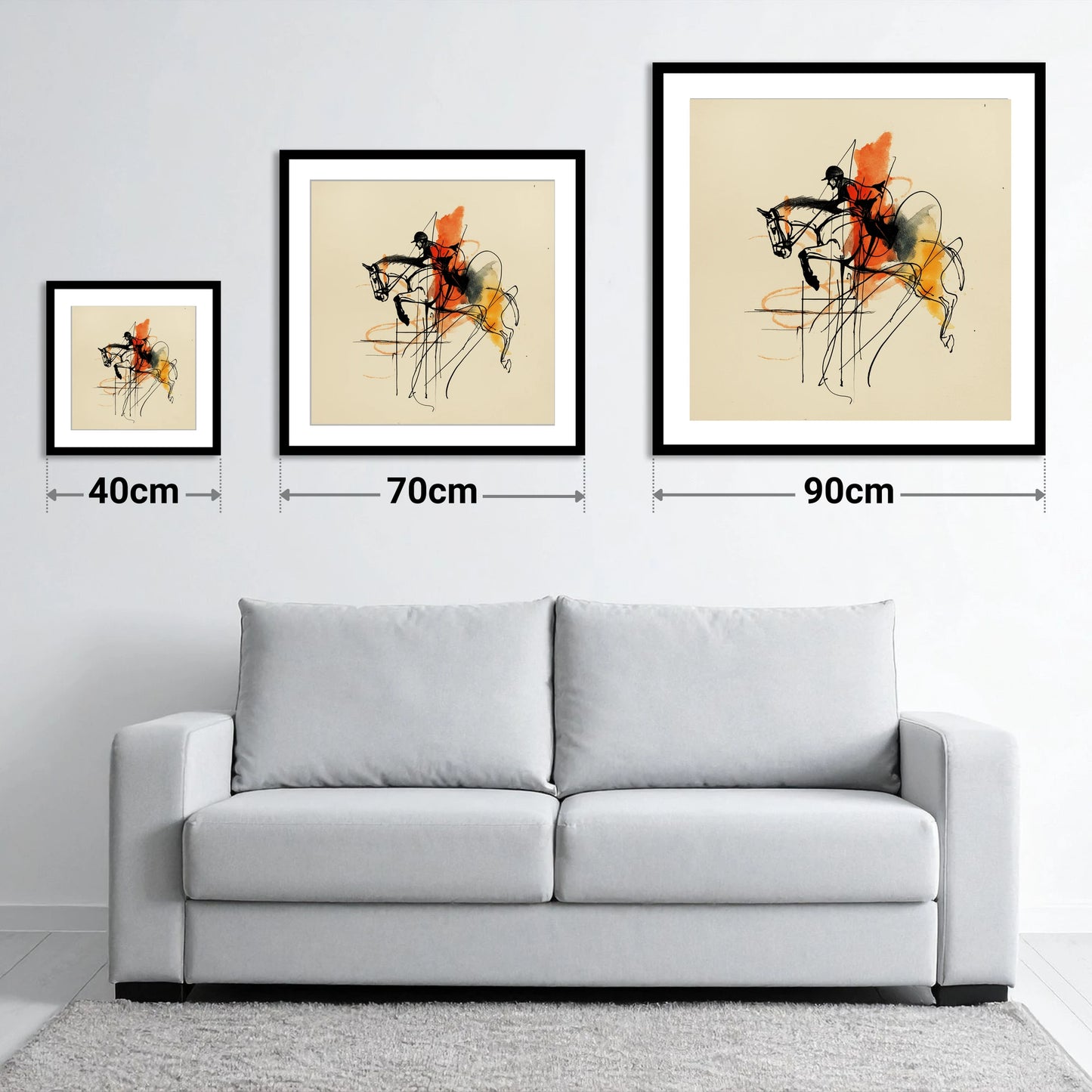 Fluidity in Flight - size guide showing 40cm, 70cm and 90cm art prints