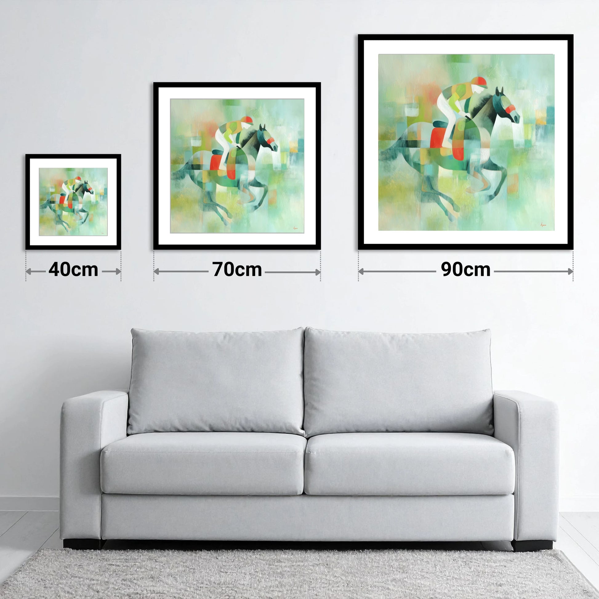 Abstract Turf Stride - size guide showing 40cm, 70cm and 90cm art prints