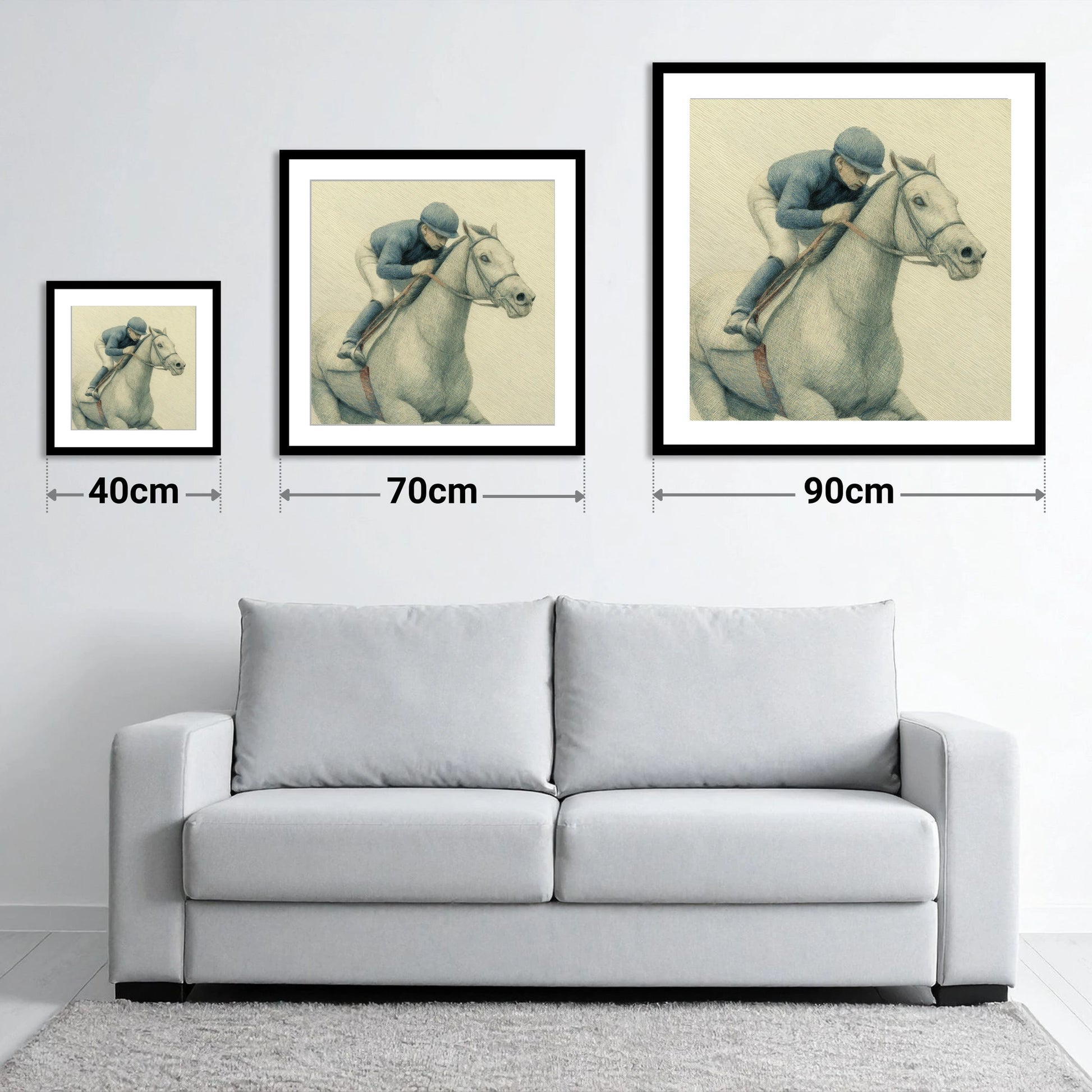 The Blue Silks - size guide showing 40cm, 70cm and 90cm art prints