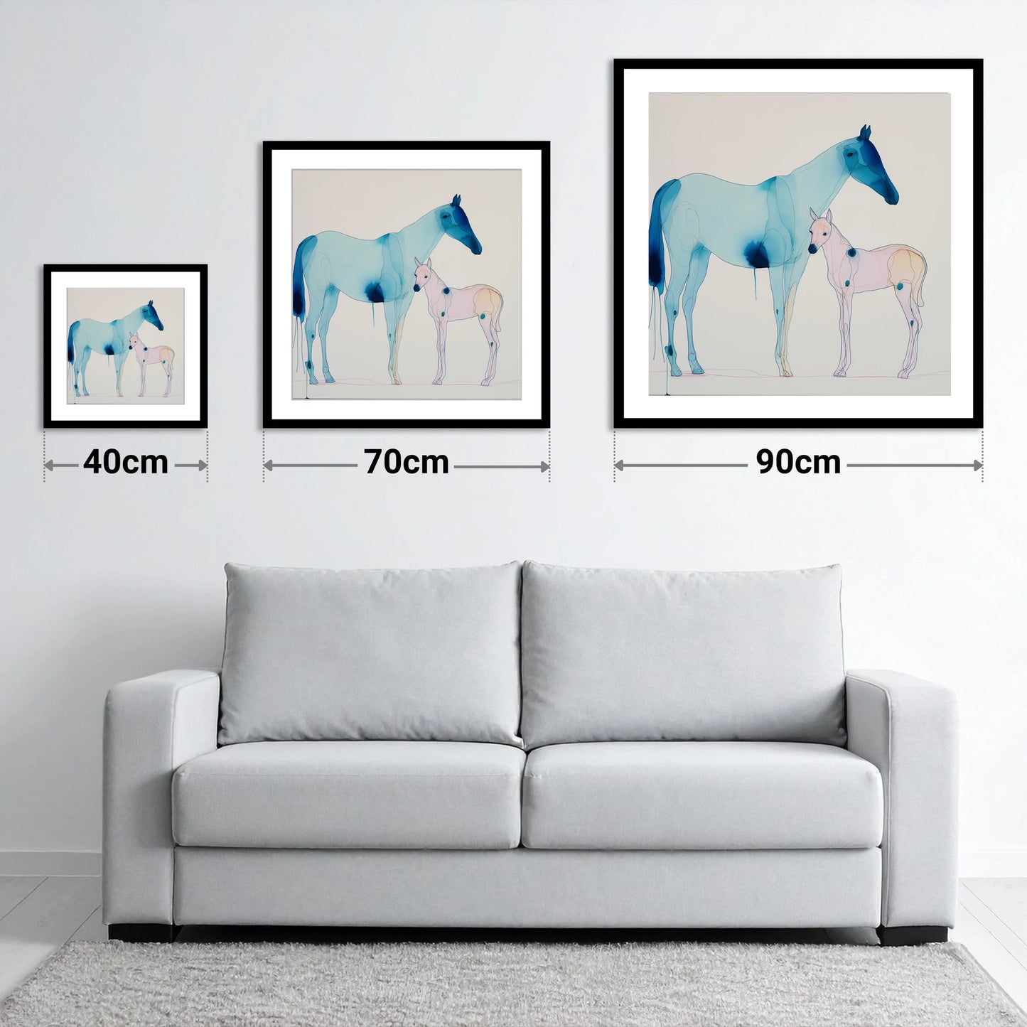 Cerulean Bond - size guide showing 40cm, 70cm and 90cm art prints