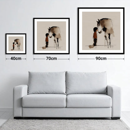 A Quiet Connection - size guide showing 40cm, 70cm and 90cm art prints
