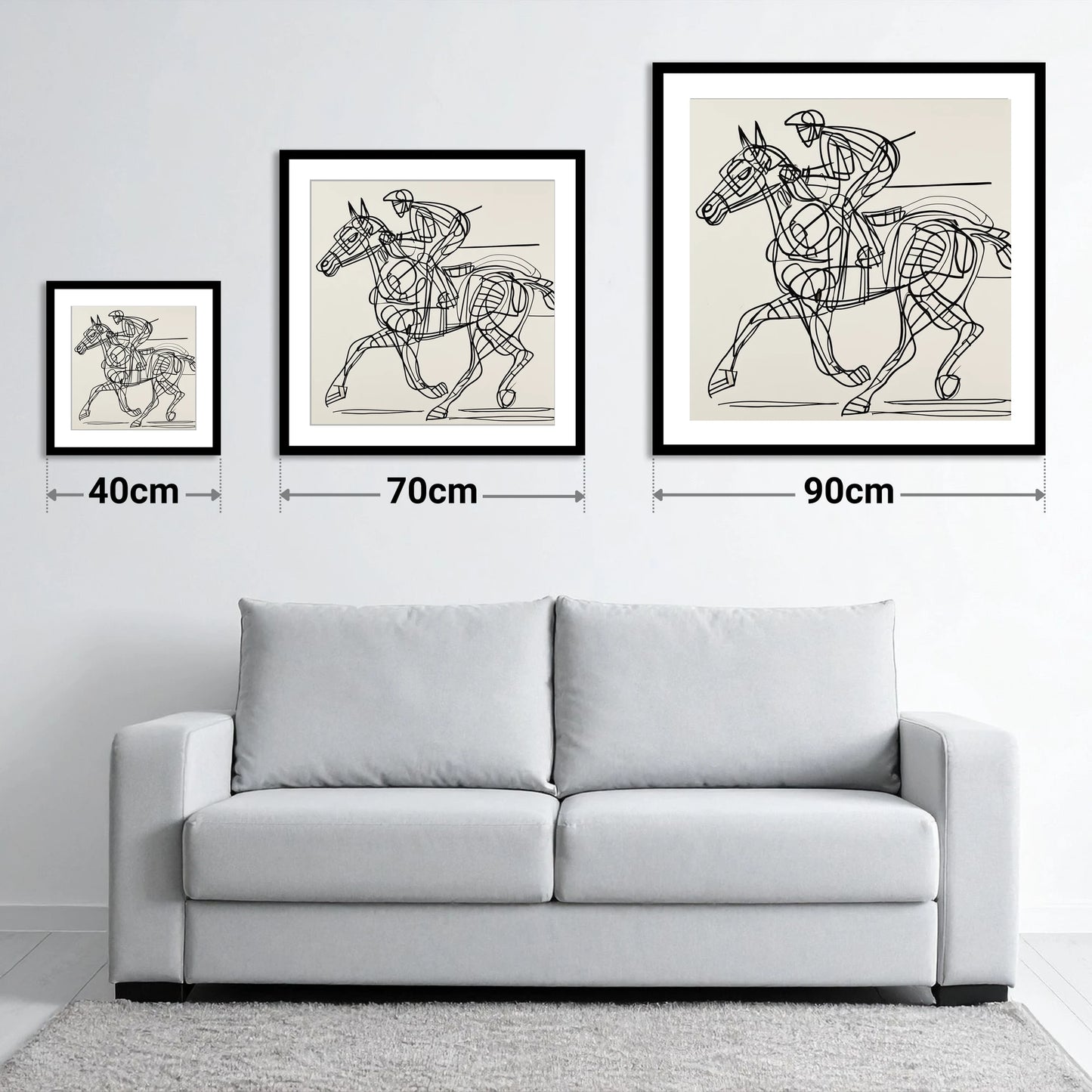 Linear Racing Form - size guide showing 40cm, 70cm and 90cm art prints