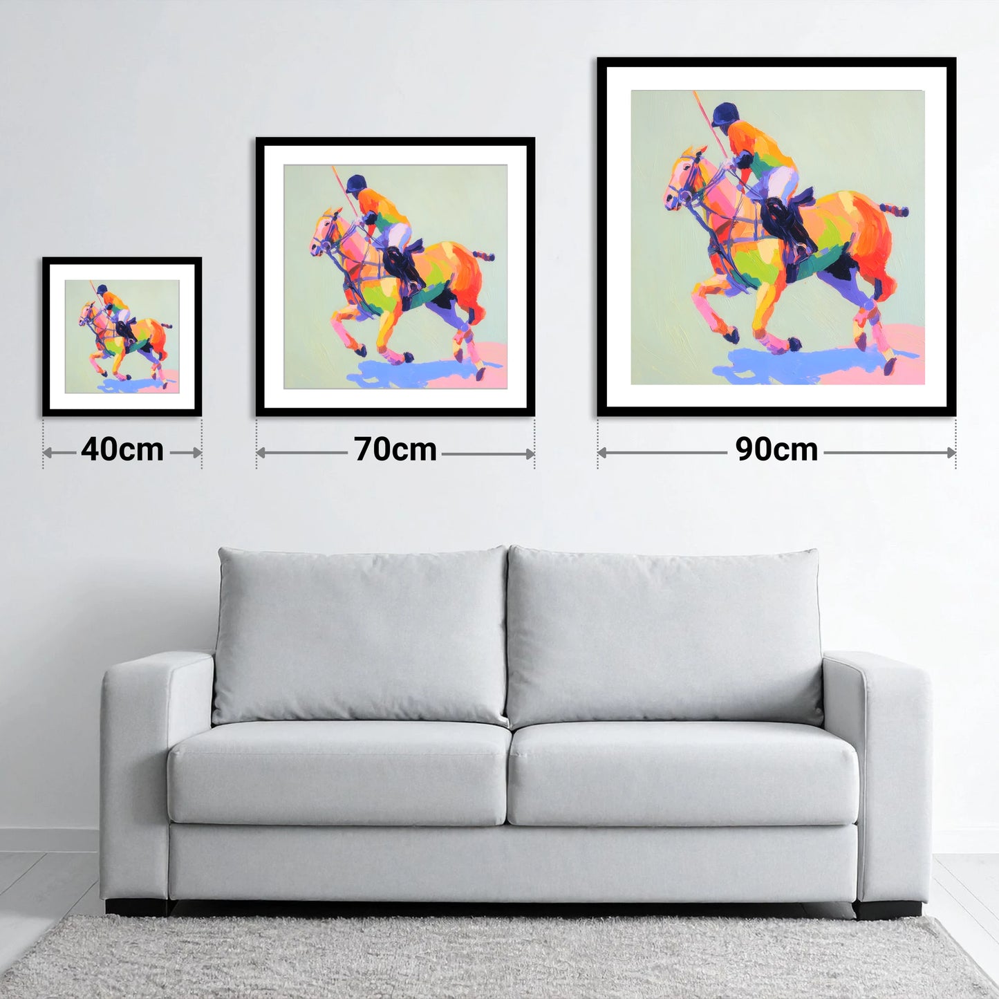 Technicolour Polo Stride - size guide showing 40cm, 70cm and 90cm art prints