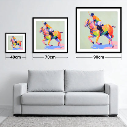 Technicolour Polo Stride - size guide showing 40cm, 70cm and 90cm art prints