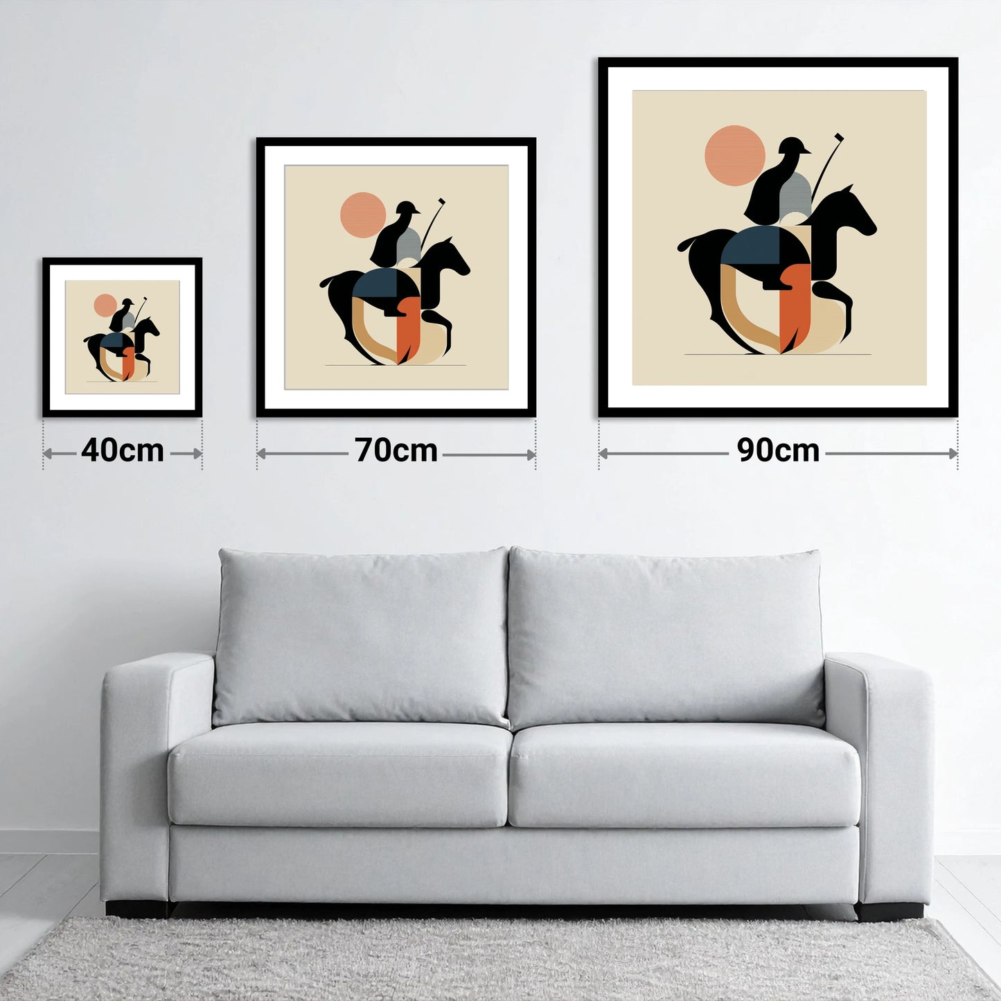 Mid-Century Polo Match - size guide showing 40cm, 70cm and 90cm art prints