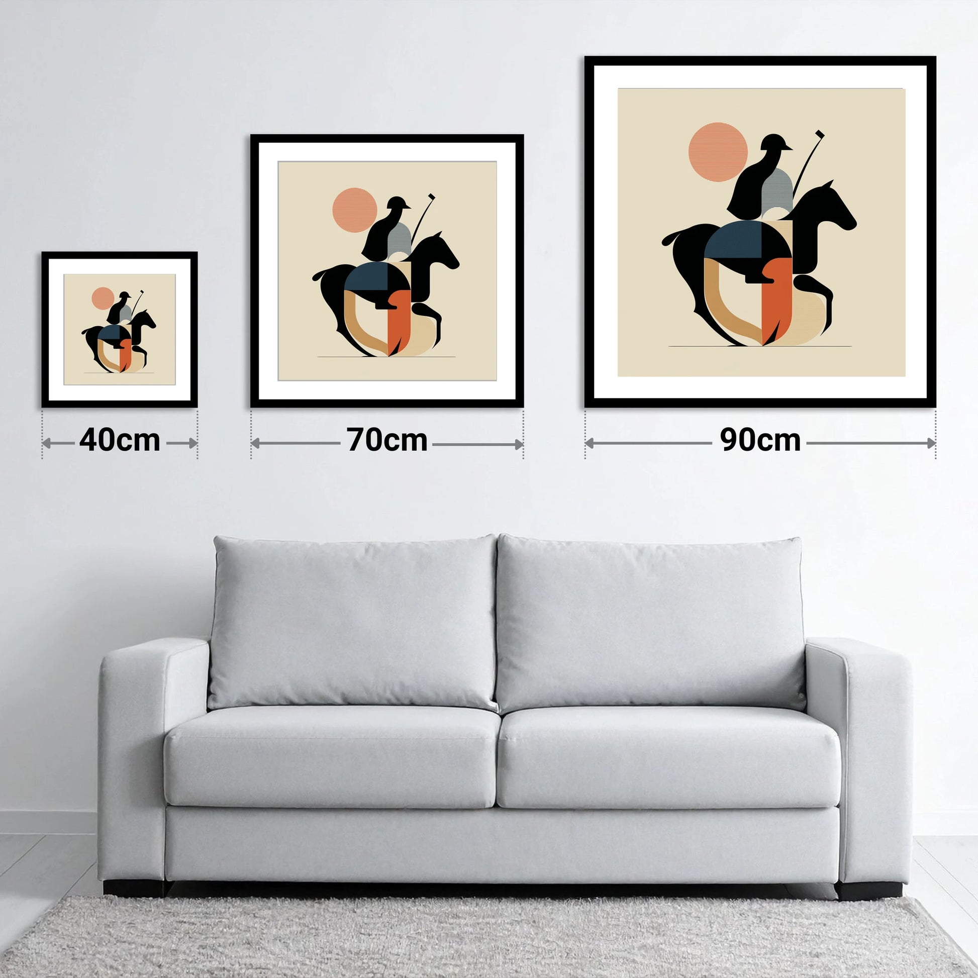 Mid-Century Polo Match - size guide showing 40cm, 70cm and 90cm art prints