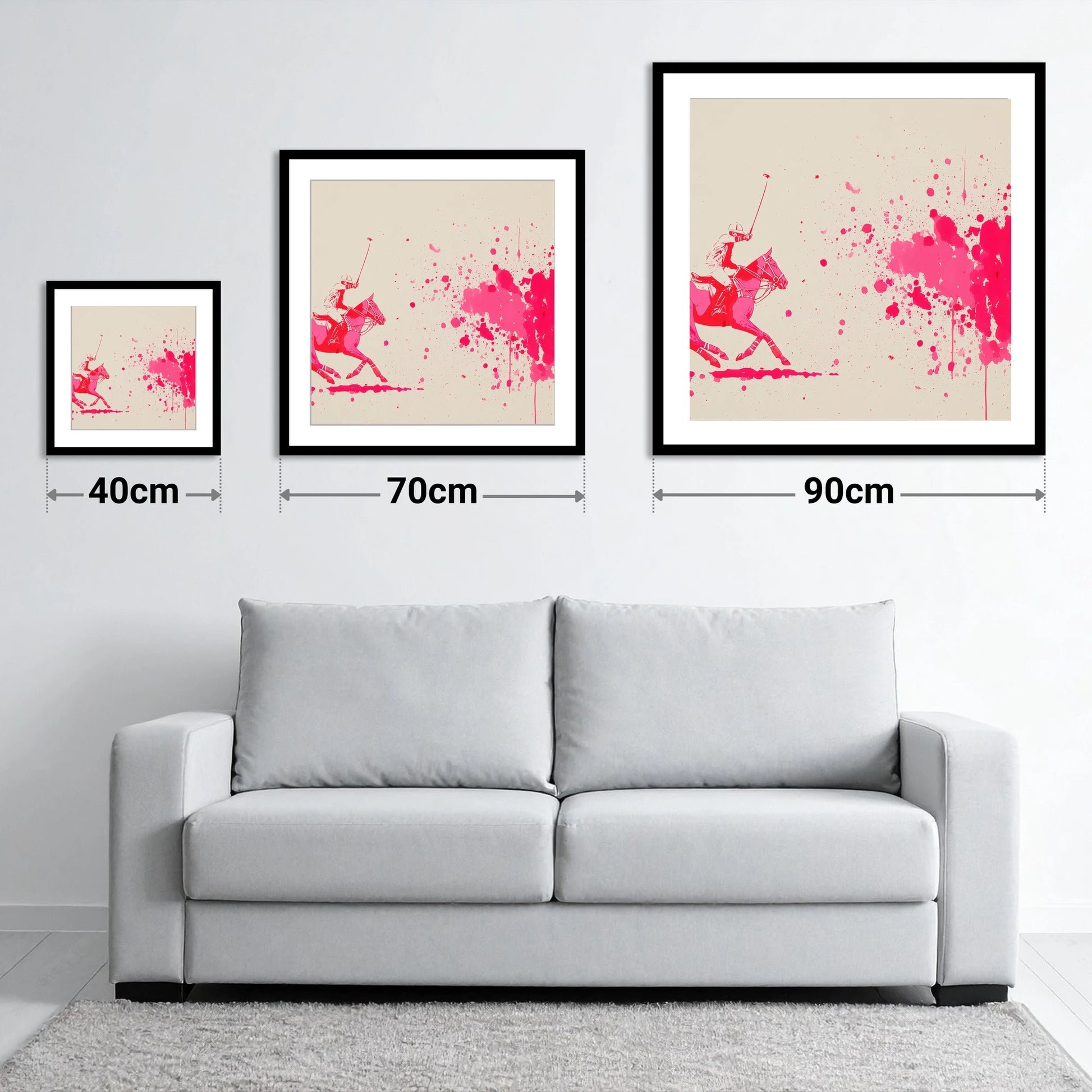 Magenta Polo Strike - size guide showing 40cm, 70cm and 90cm art prints