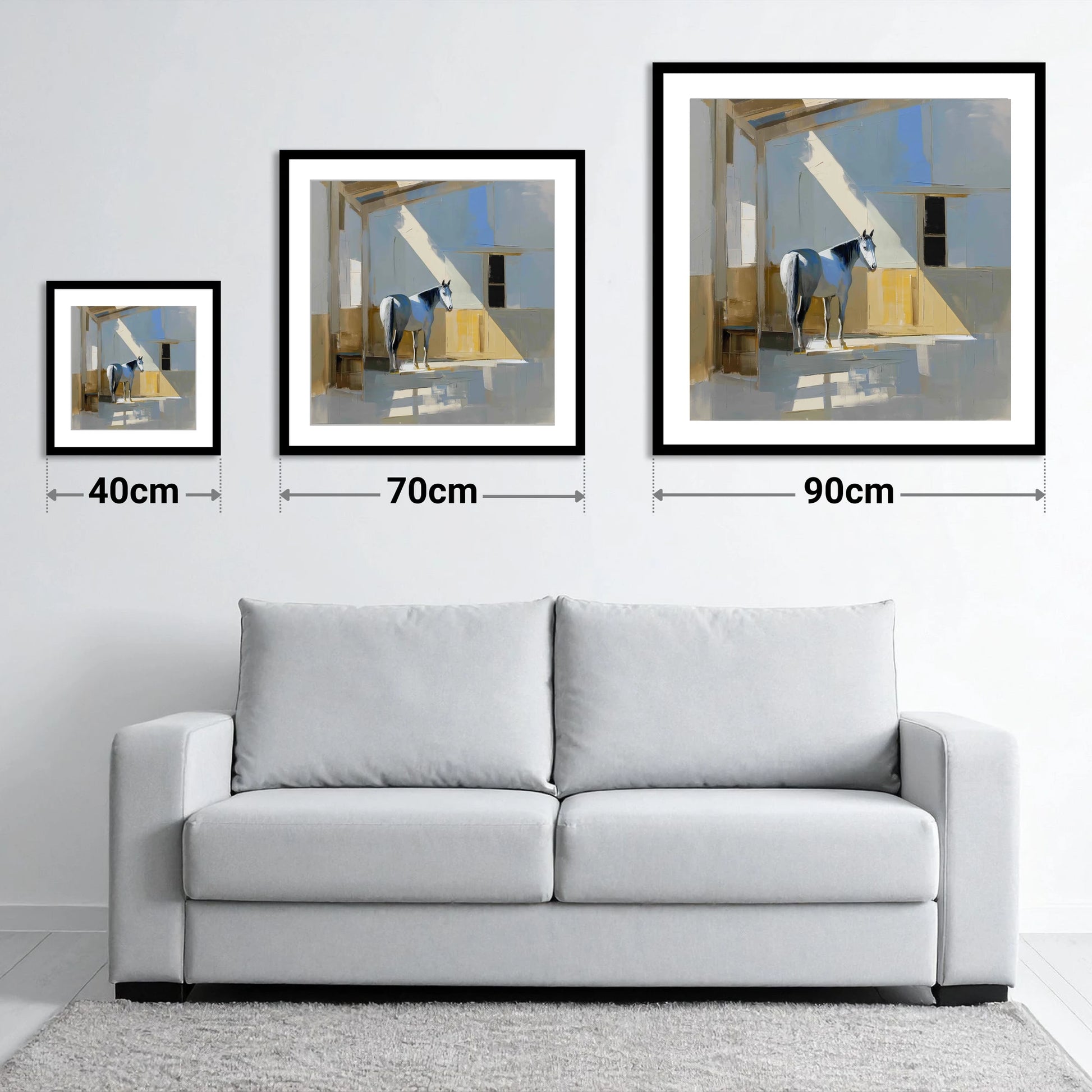 The Sunlit Grey - size guide showing 40cm, 70cm and 90cm art prints