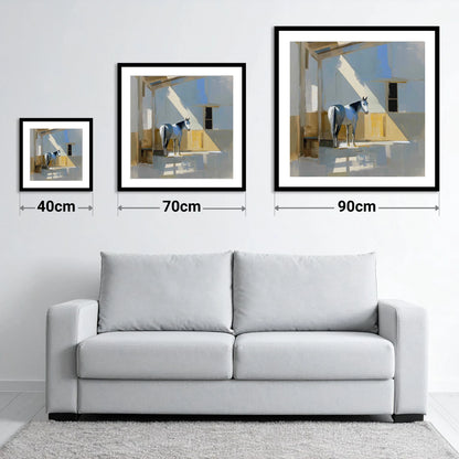 The Sunlit Grey - size guide showing 40cm, 70cm and 90cm art prints