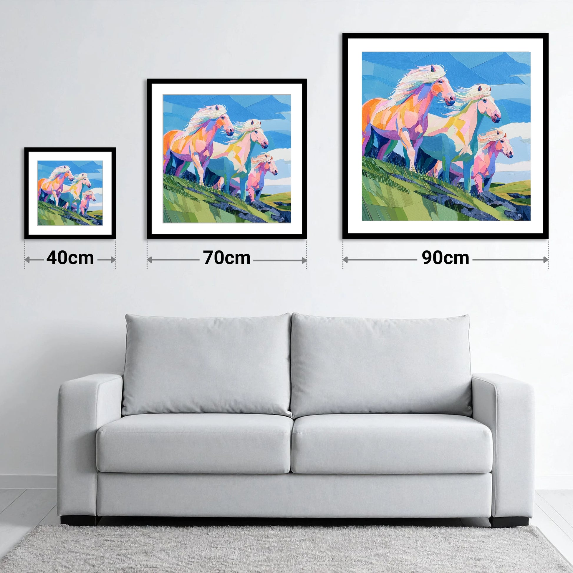 Radiant Hillside Herd - size guide showing 40cm, 70cm and 90cm art prints
