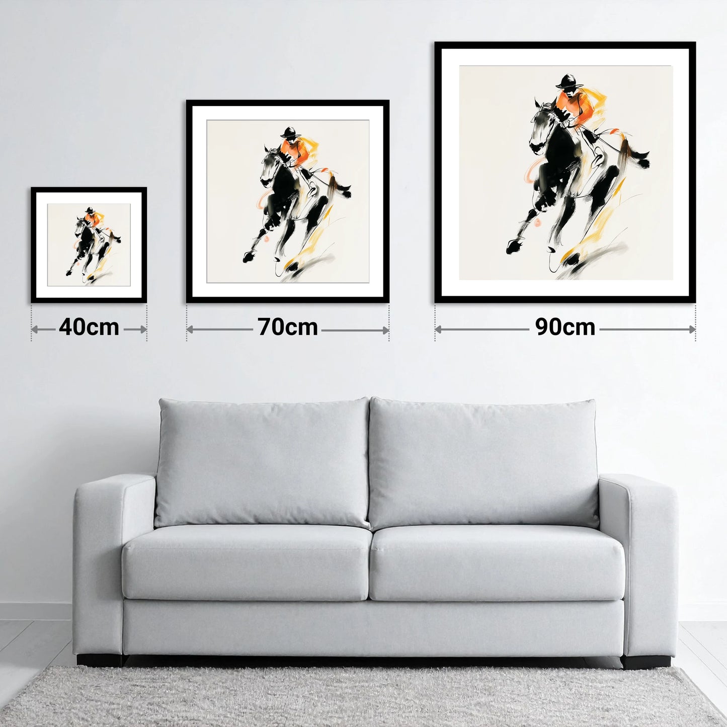 The Bold Furlong - size guide showing 40cm, 70cm and 90cm art prints