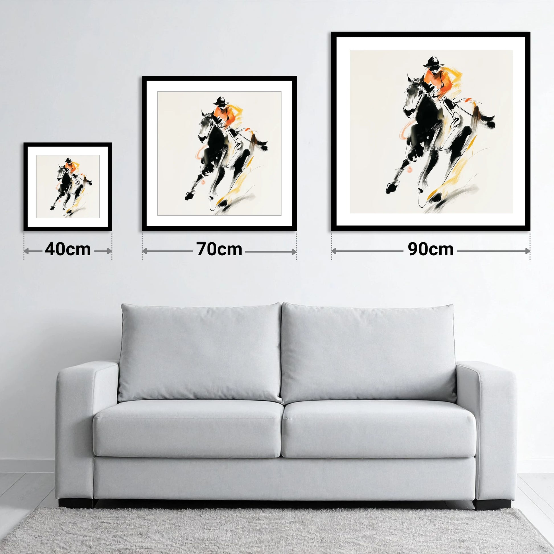 The Bold Furlong - size guide showing 40cm, 70cm and 90cm art prints