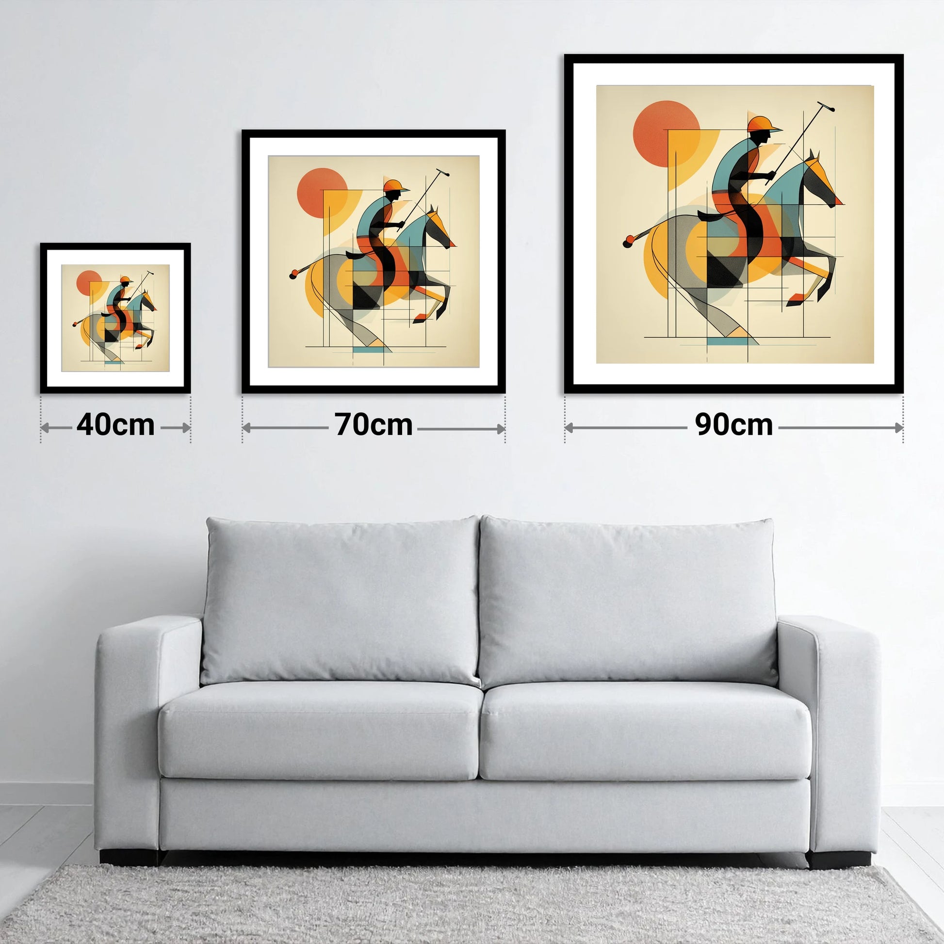 Rhythm of the Chukka - size guide showing 40cm, 70cm and 90cm art prints