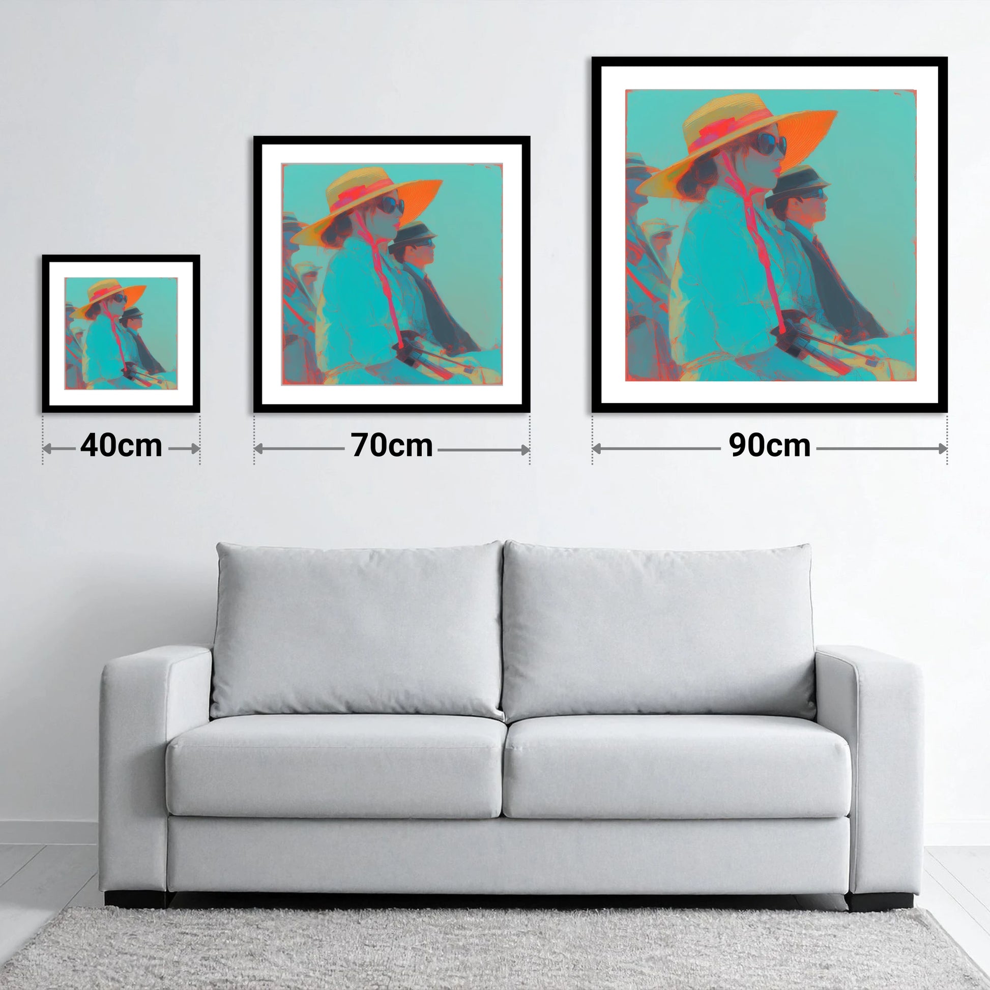 Grandstand Glamour - size guide showing 40cm, 70cm and 90cm art prints