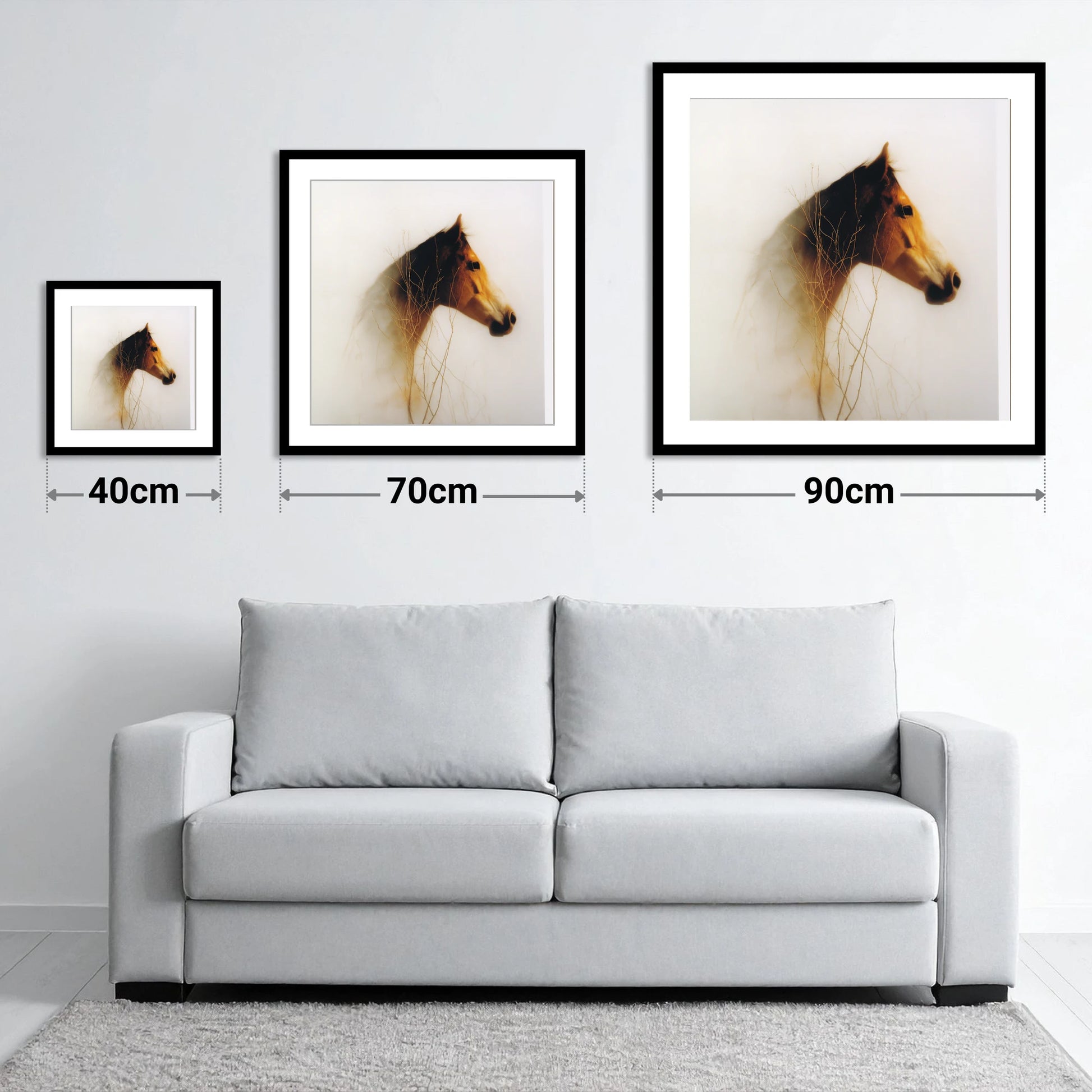 Ethereal Amber Portrait - size guide showing 40cm, 70cm and 90cm art prints
