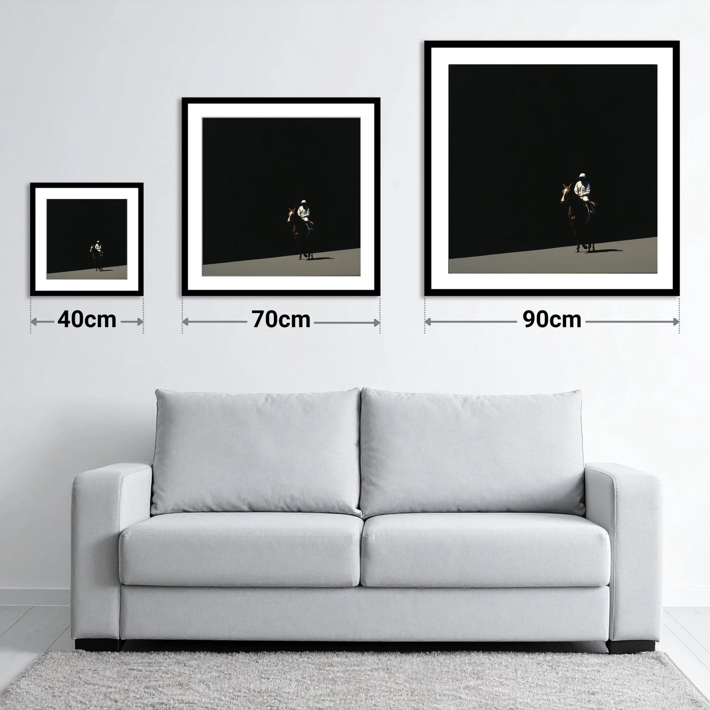 Into the Light - size guide showing 40cm, 70cm and 90cm art prints