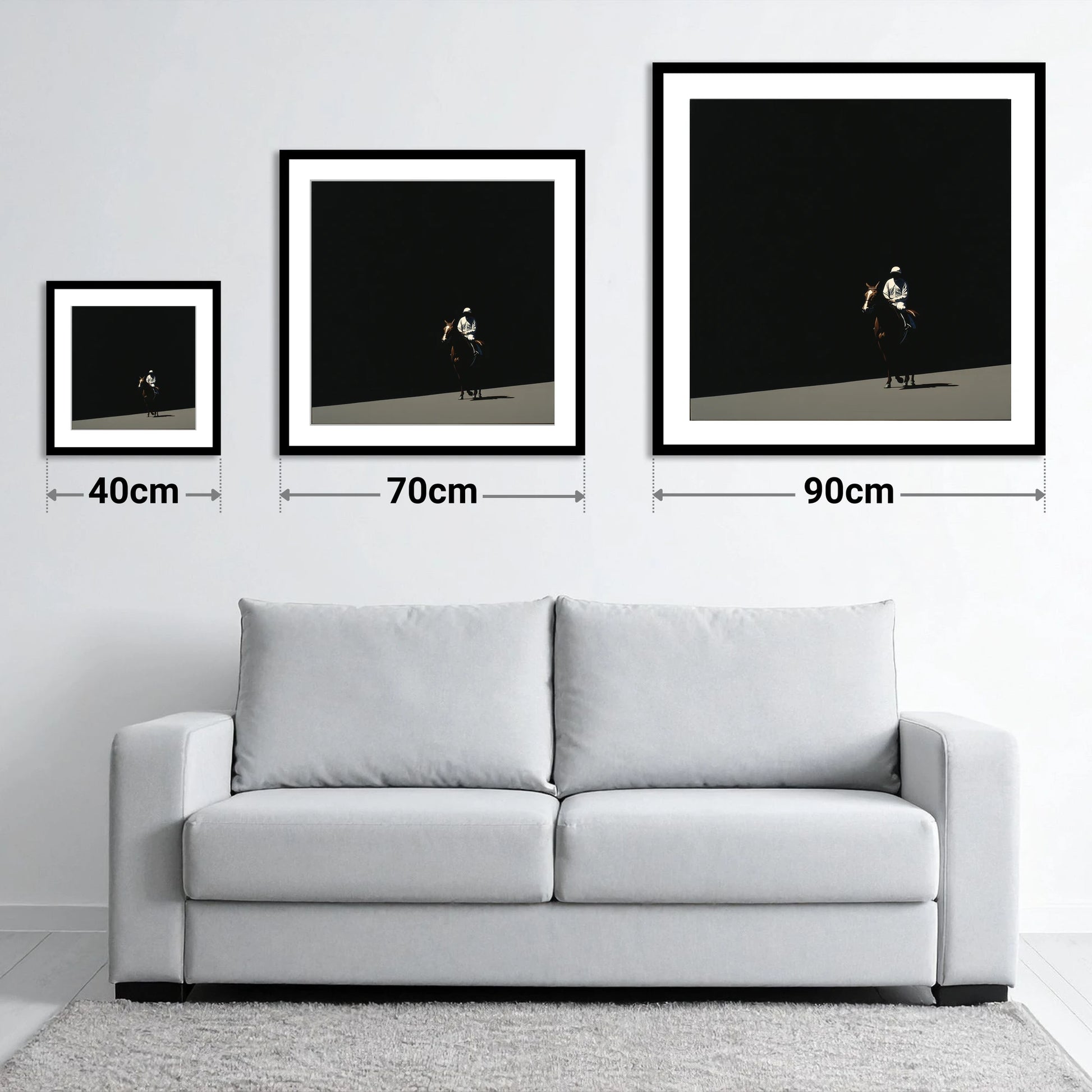 Into the Light - size guide showing 40cm, 70cm and 90cm art prints