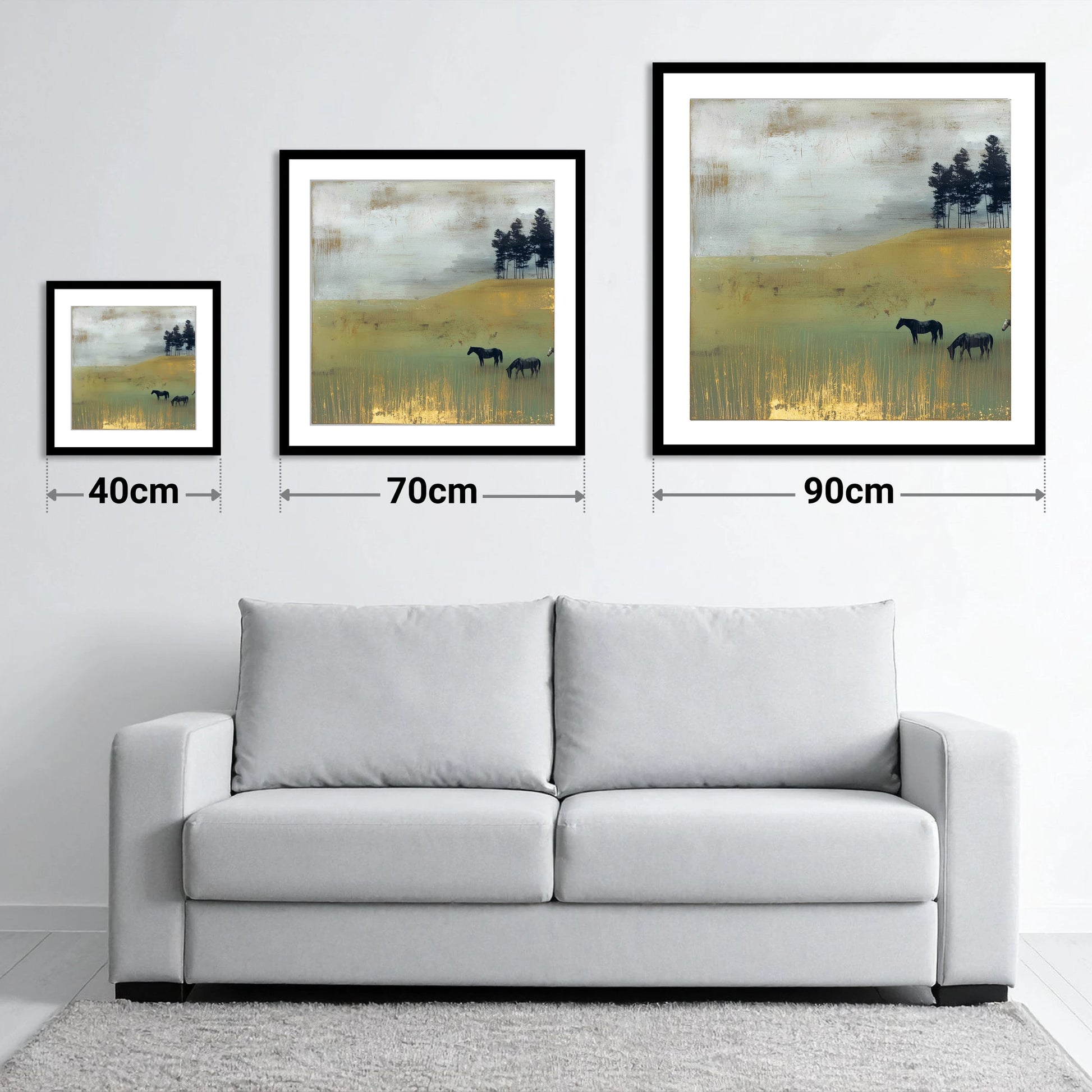 Gilded Grazing - size guide showing 40cm, 70cm and 90cm art prints