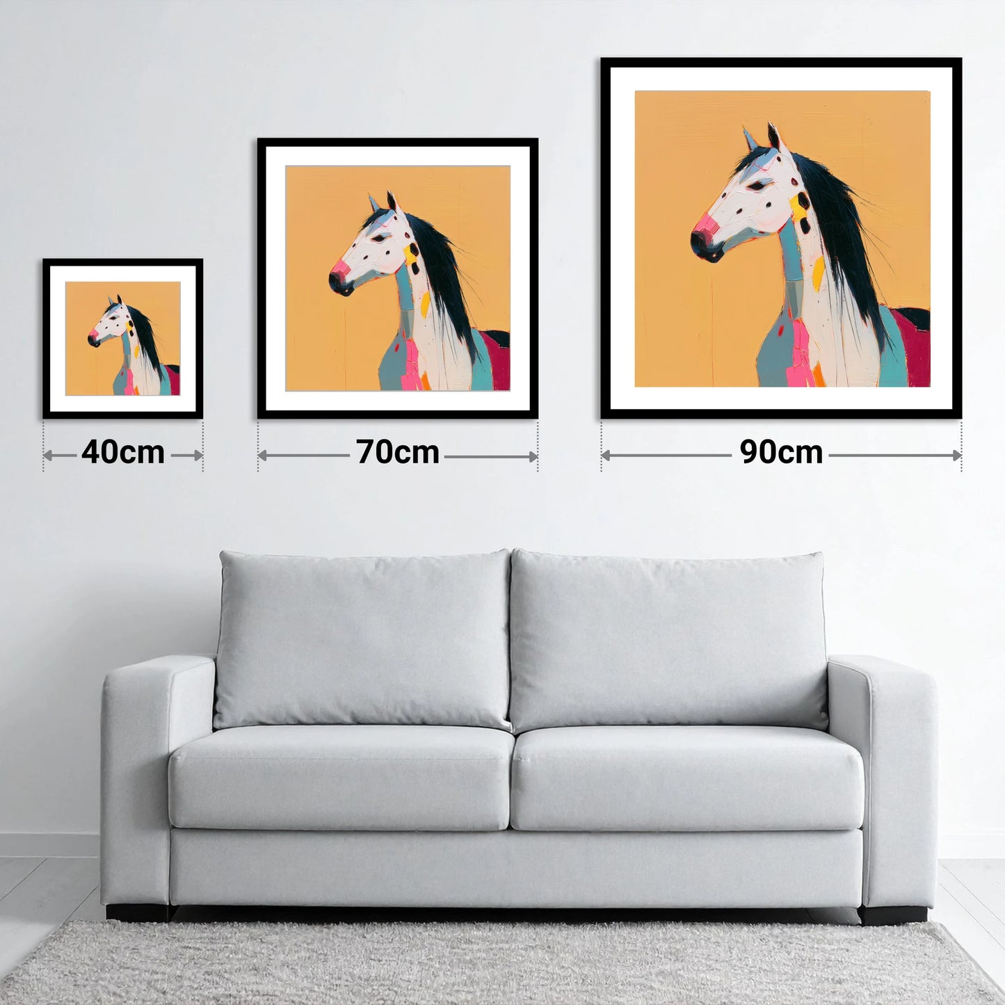 Vibrant Appaloosa Portrait - size guide showing 40cm, 70cm and 90cm art prints