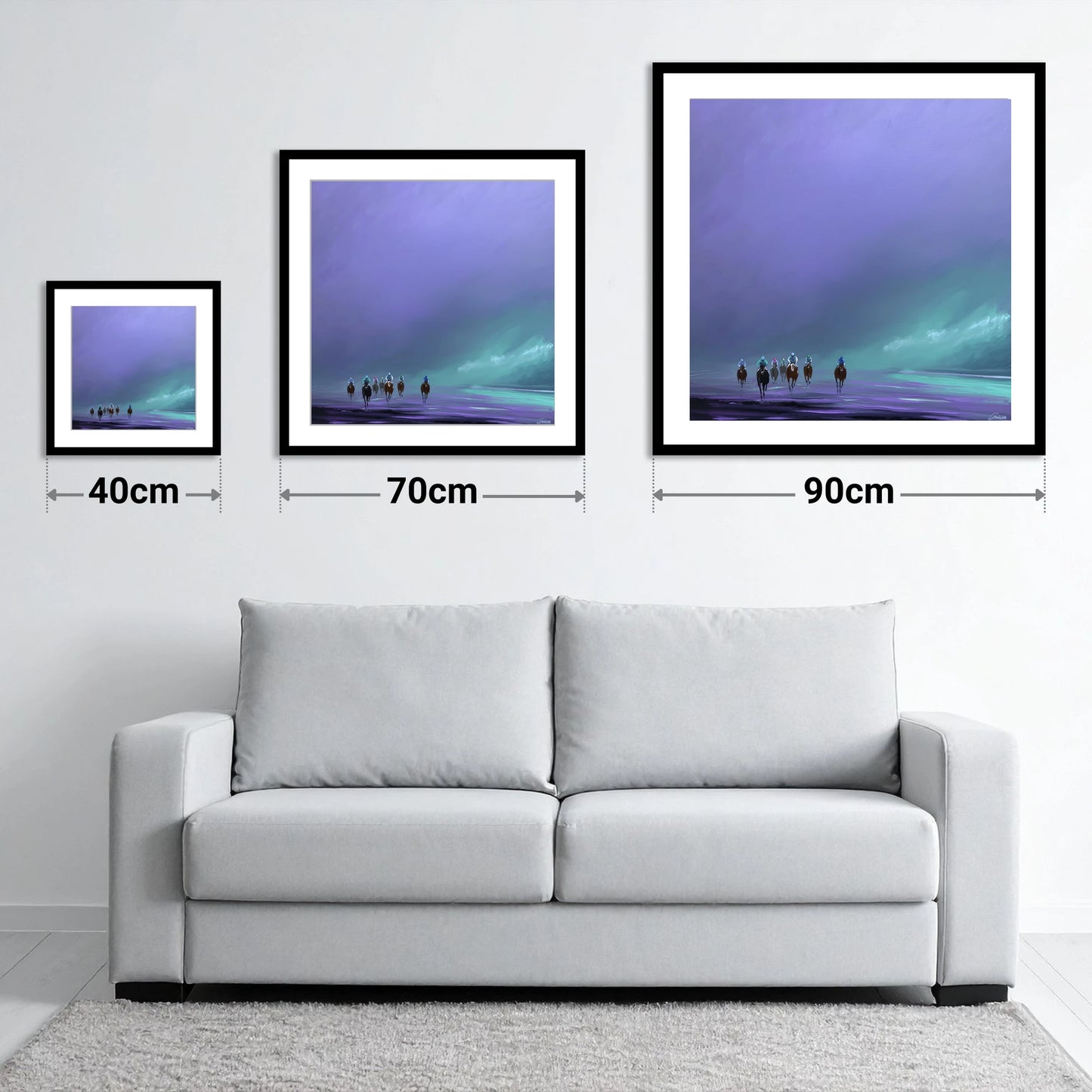 Violet Dawn Gallops - size guide showing 40cm, 70cm and 90cm art prints