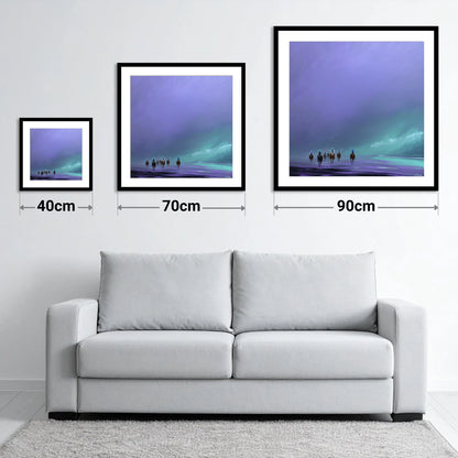 Violet Dawn Gallops - size guide showing 40cm, 70cm and 90cm art prints
