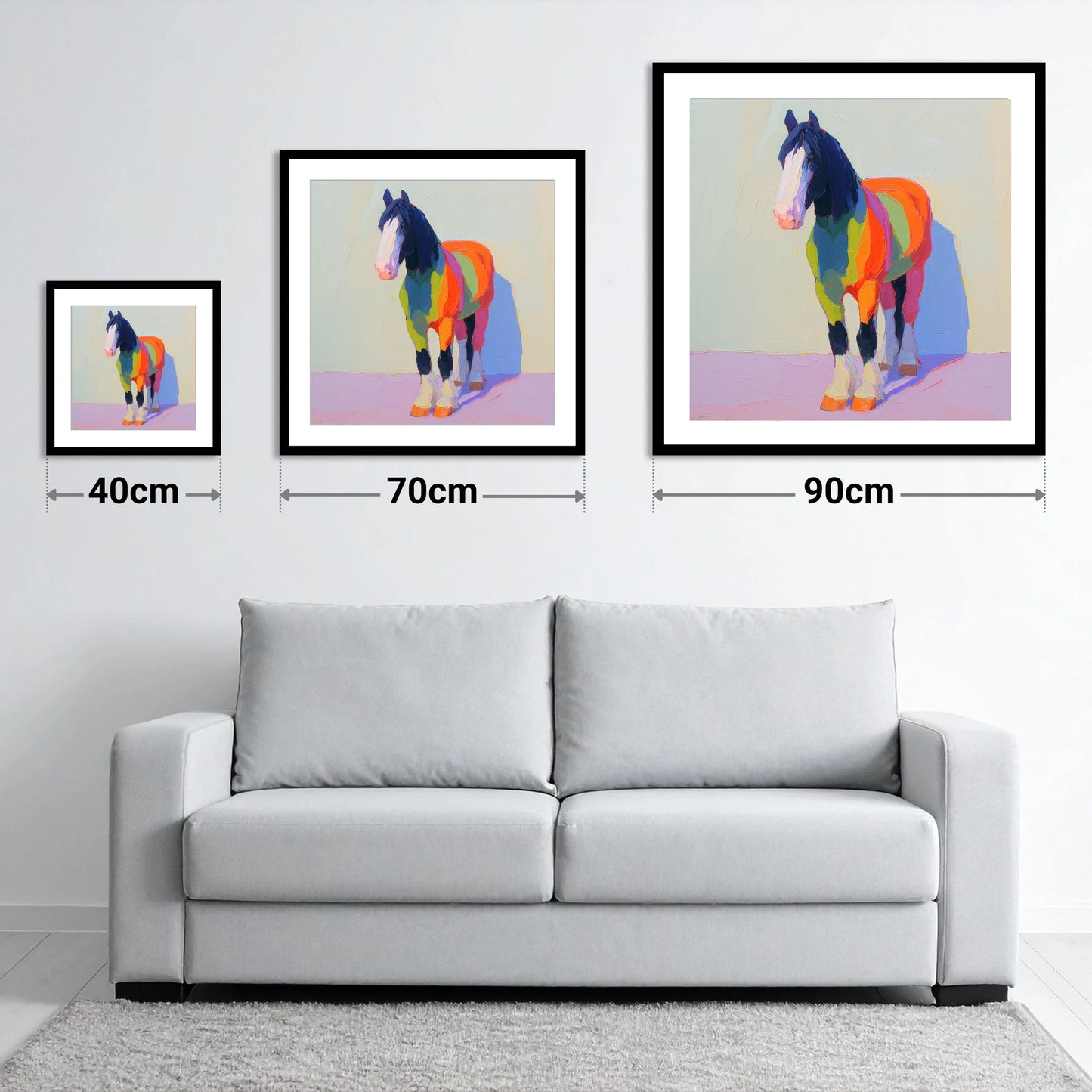 Chromatic Draught Horse - size guide showing 40cm, 70cm and 90cm art prints