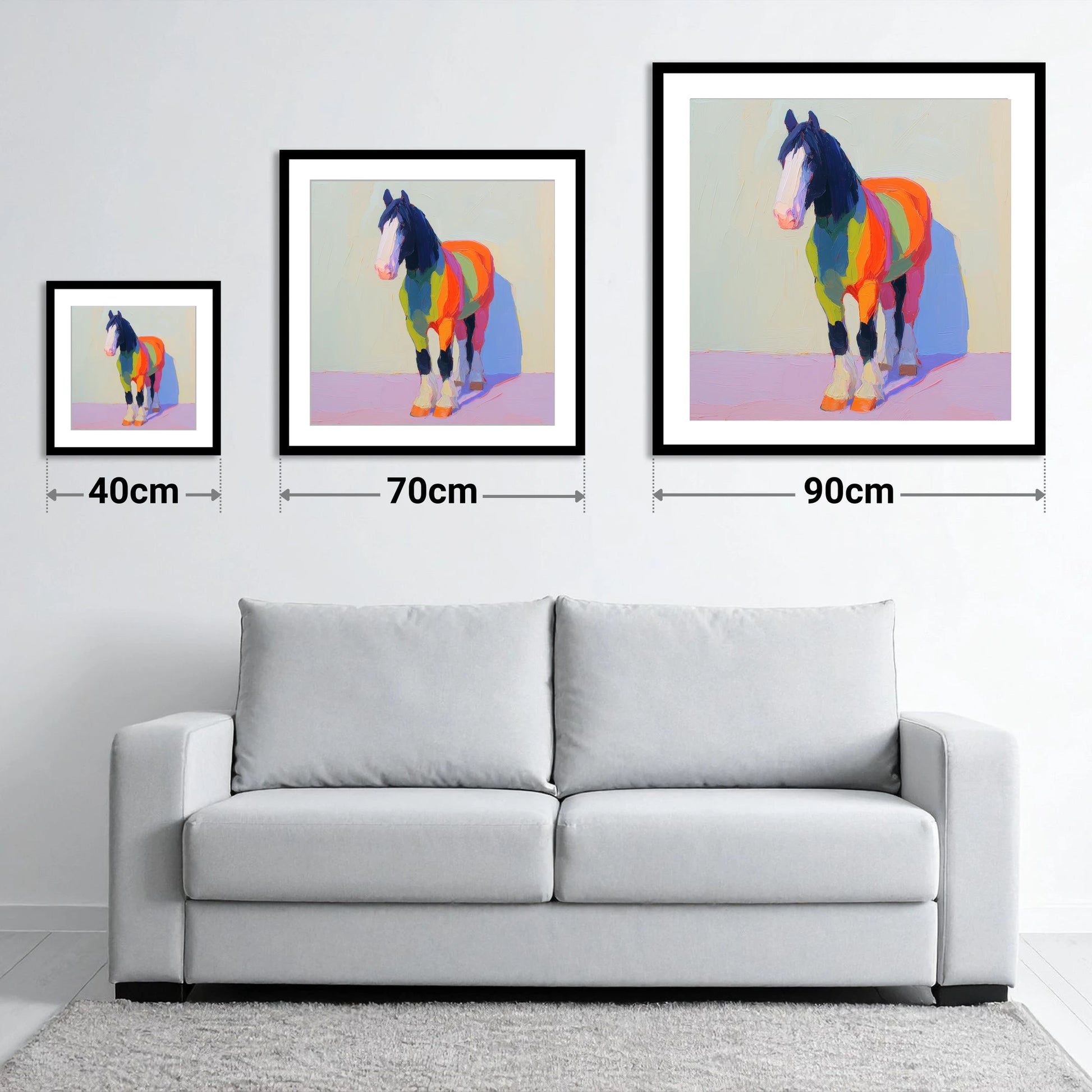 Chromatic Draught Horse - size guide showing 40cm, 70cm and 90cm art prints