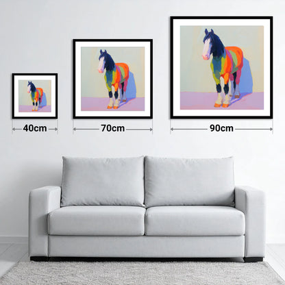 Chromatic Draught Horse - size guide showing 40cm, 70cm and 90cm art prints