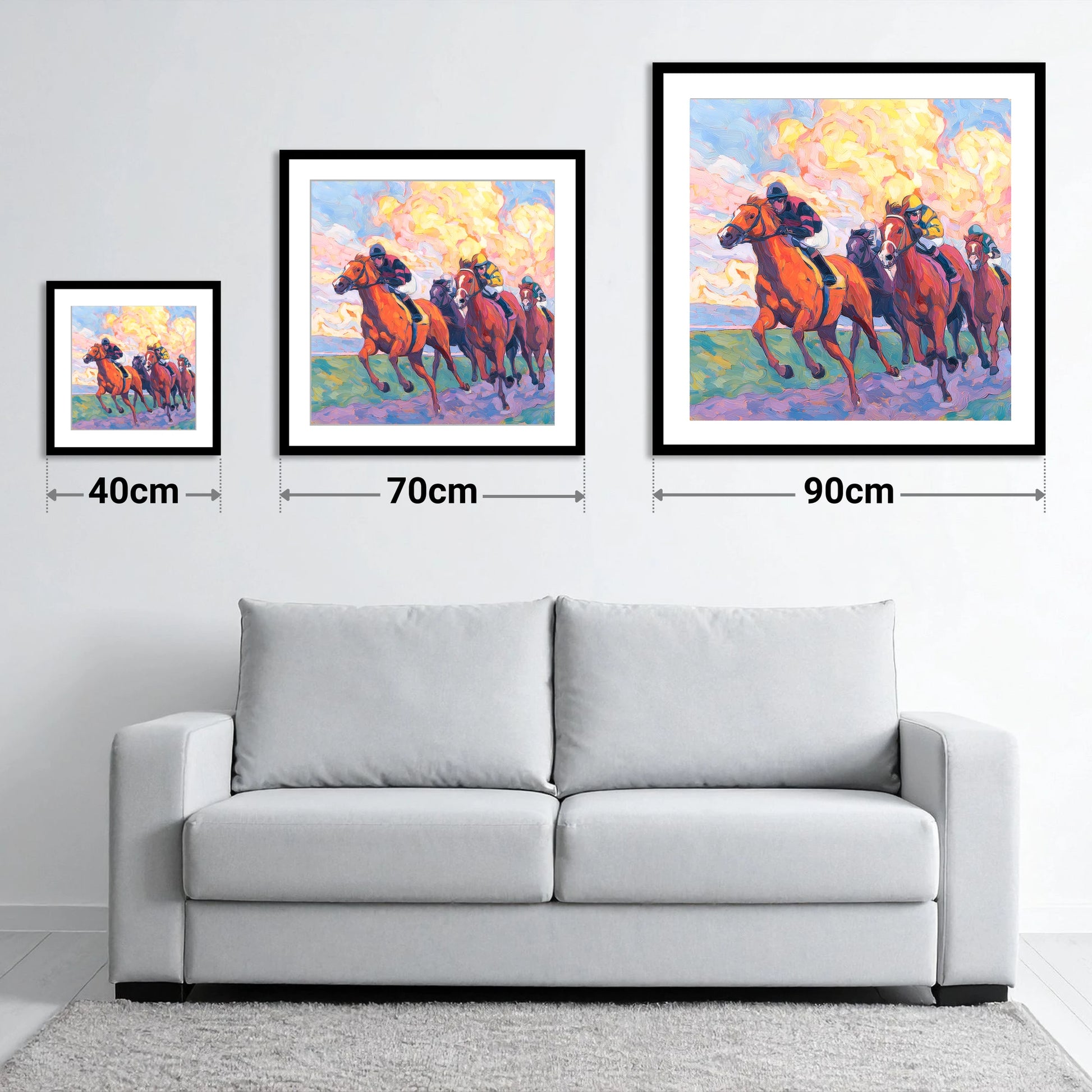 Thundering Sunset - size guide showing 40cm, 70cm and 90cm art prints