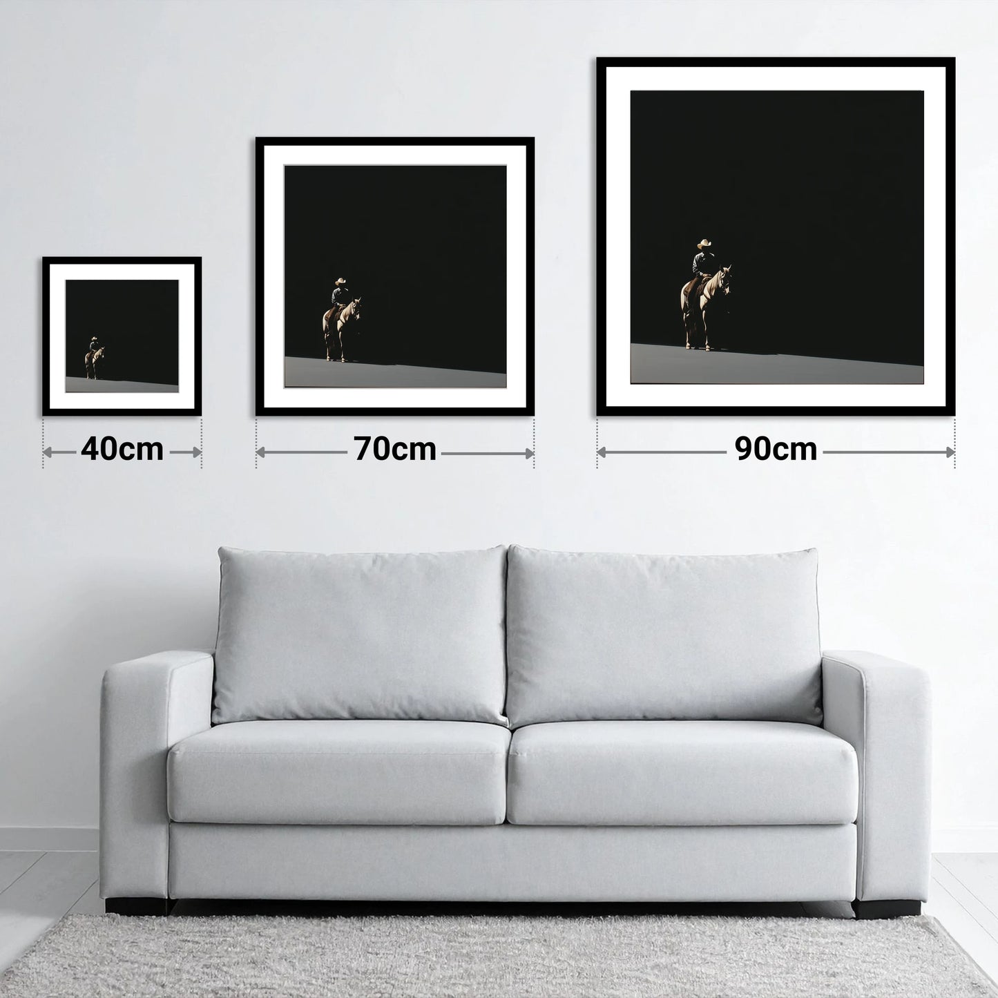 Solitary Western Rider - size guide showing 40cm, 70cm and 90cm art prints