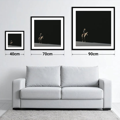Solitary Western Rider - size guide showing 40cm, 70cm and 90cm art prints