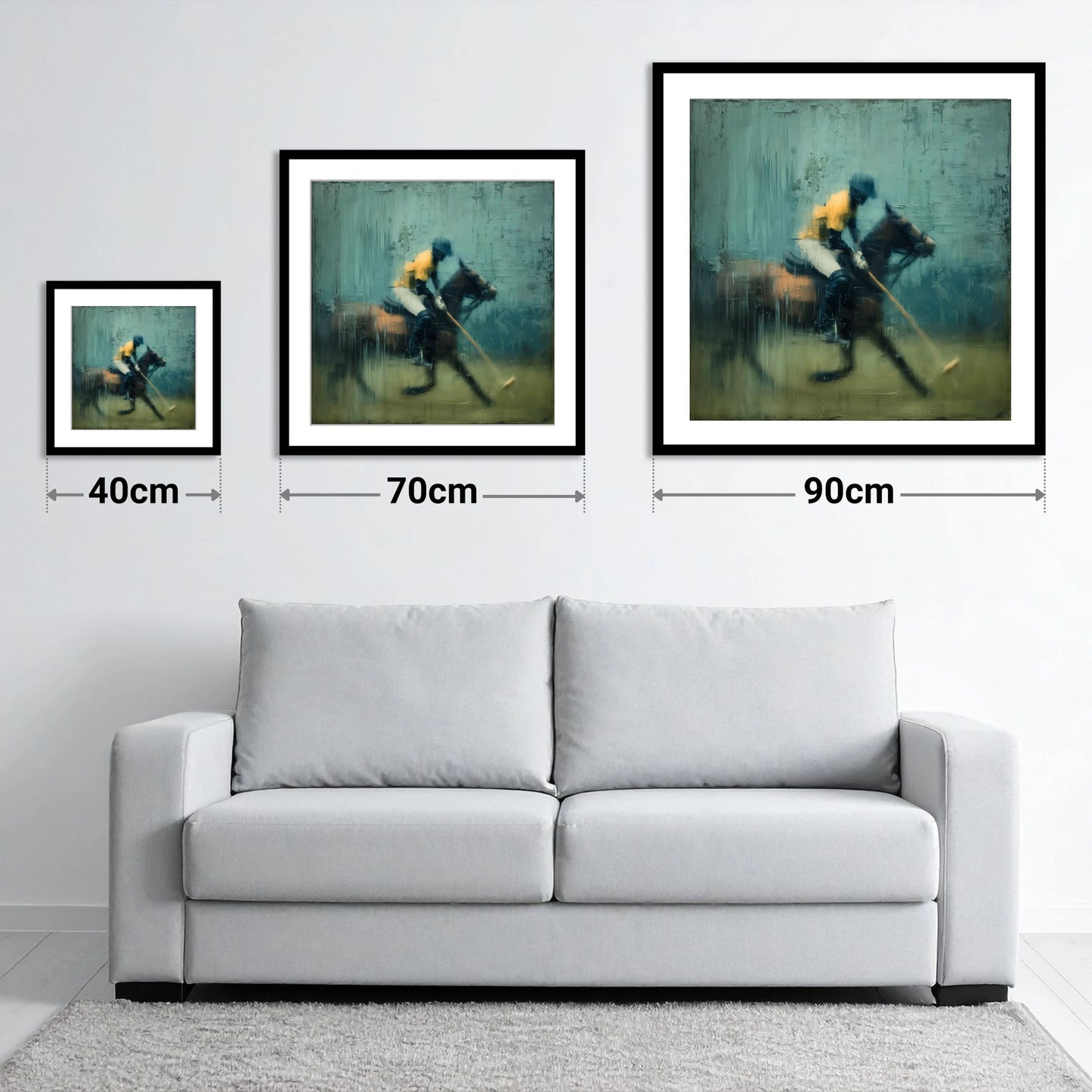 The Final Chukka - size guide showing 40cm, 70cm and 90cm art prints