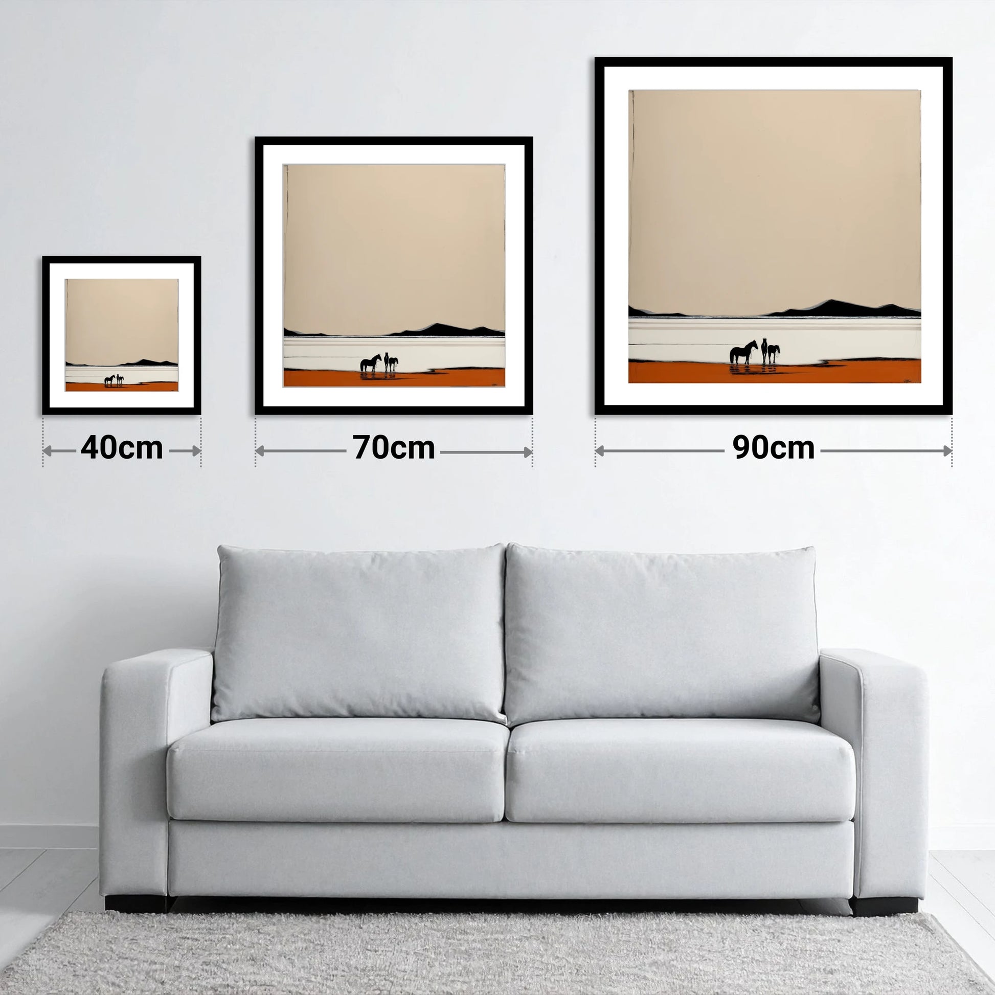 Silhouetted Horizons - size guide showing 40cm, 70cm and 90cm art prints