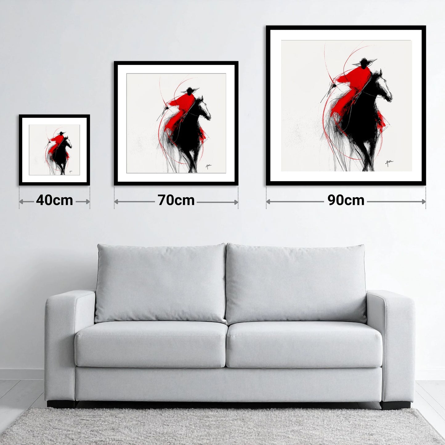Crimson Surge - size guide showing 40cm, 70cm and 90cm art prints