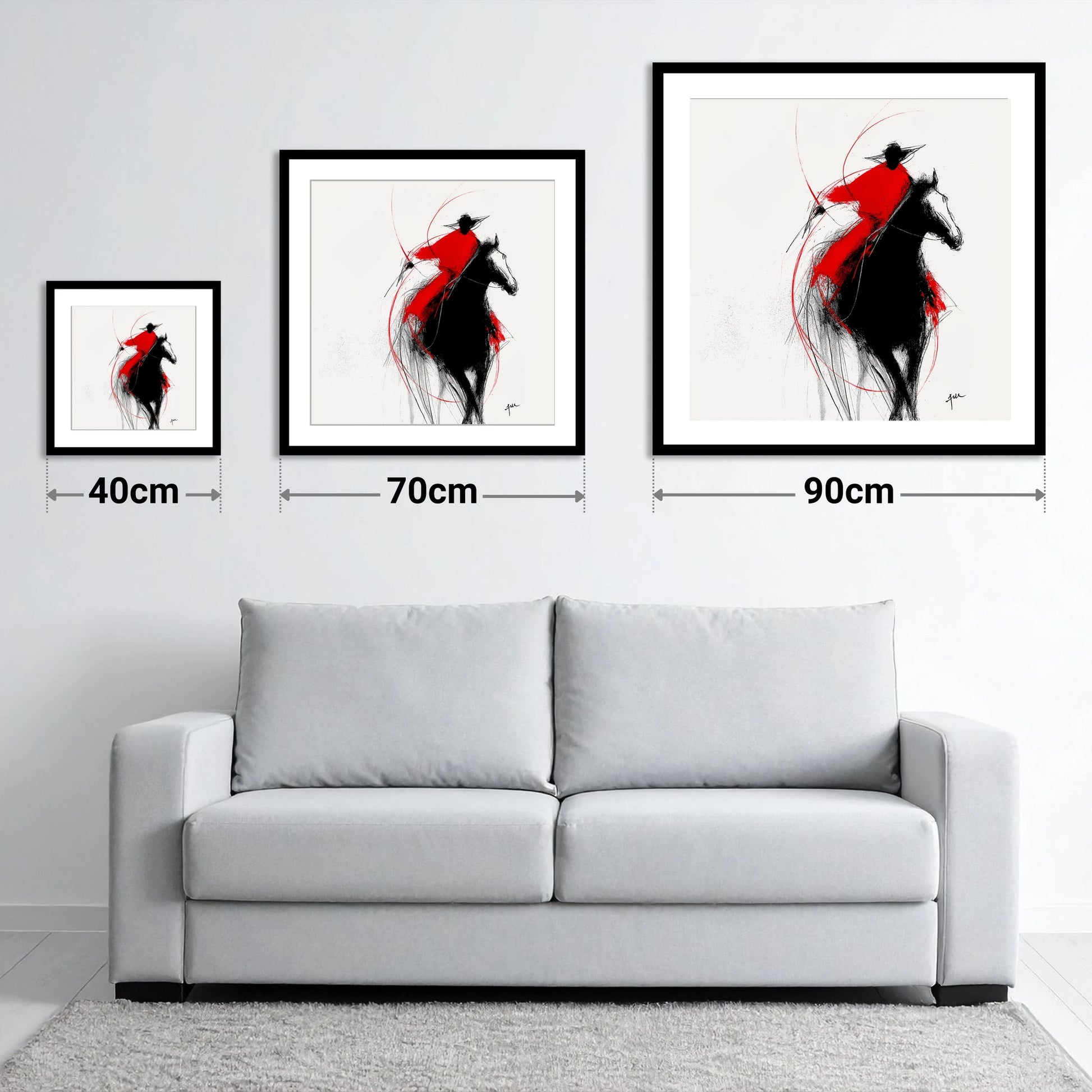 Crimson Surge - size guide showing 40cm, 70cm and 90cm art prints