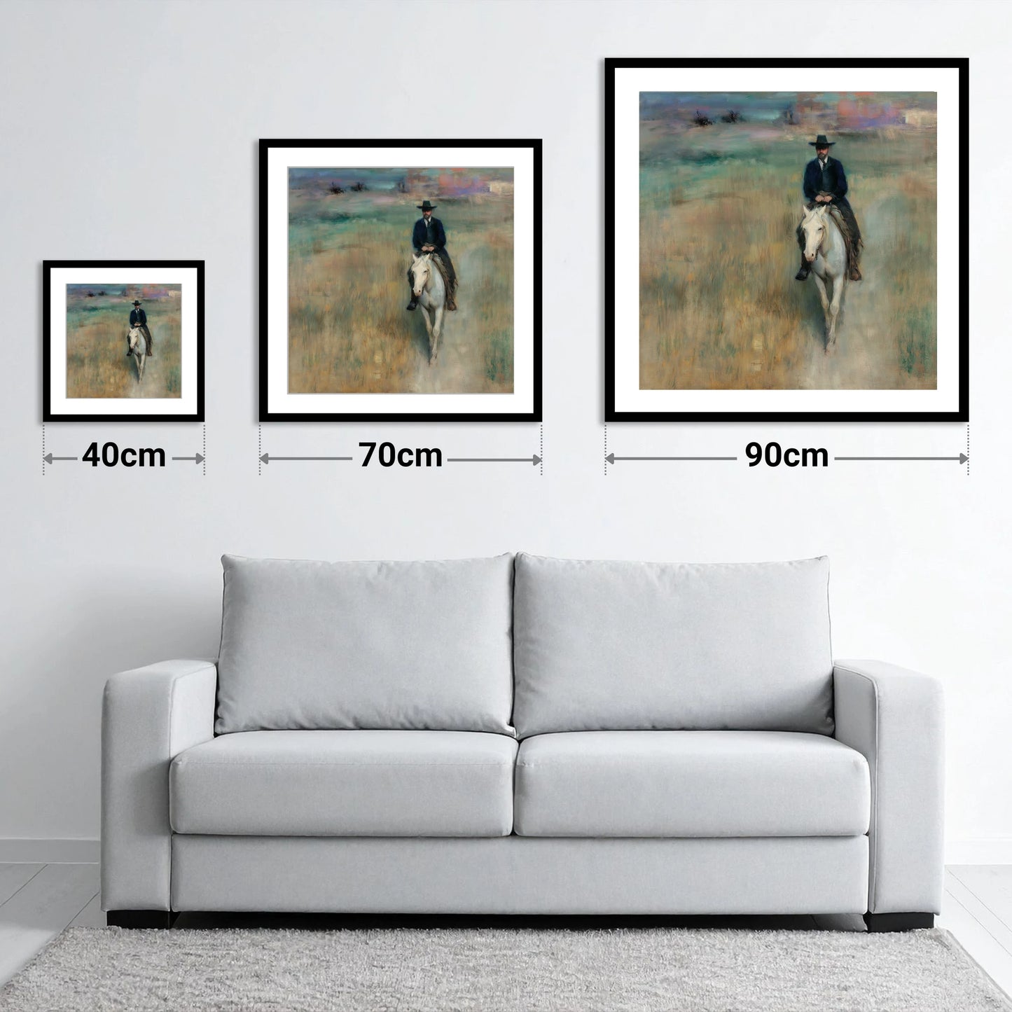 Solitary Trail Rider - size guide showing 40cm, 70cm and 90cm art prints